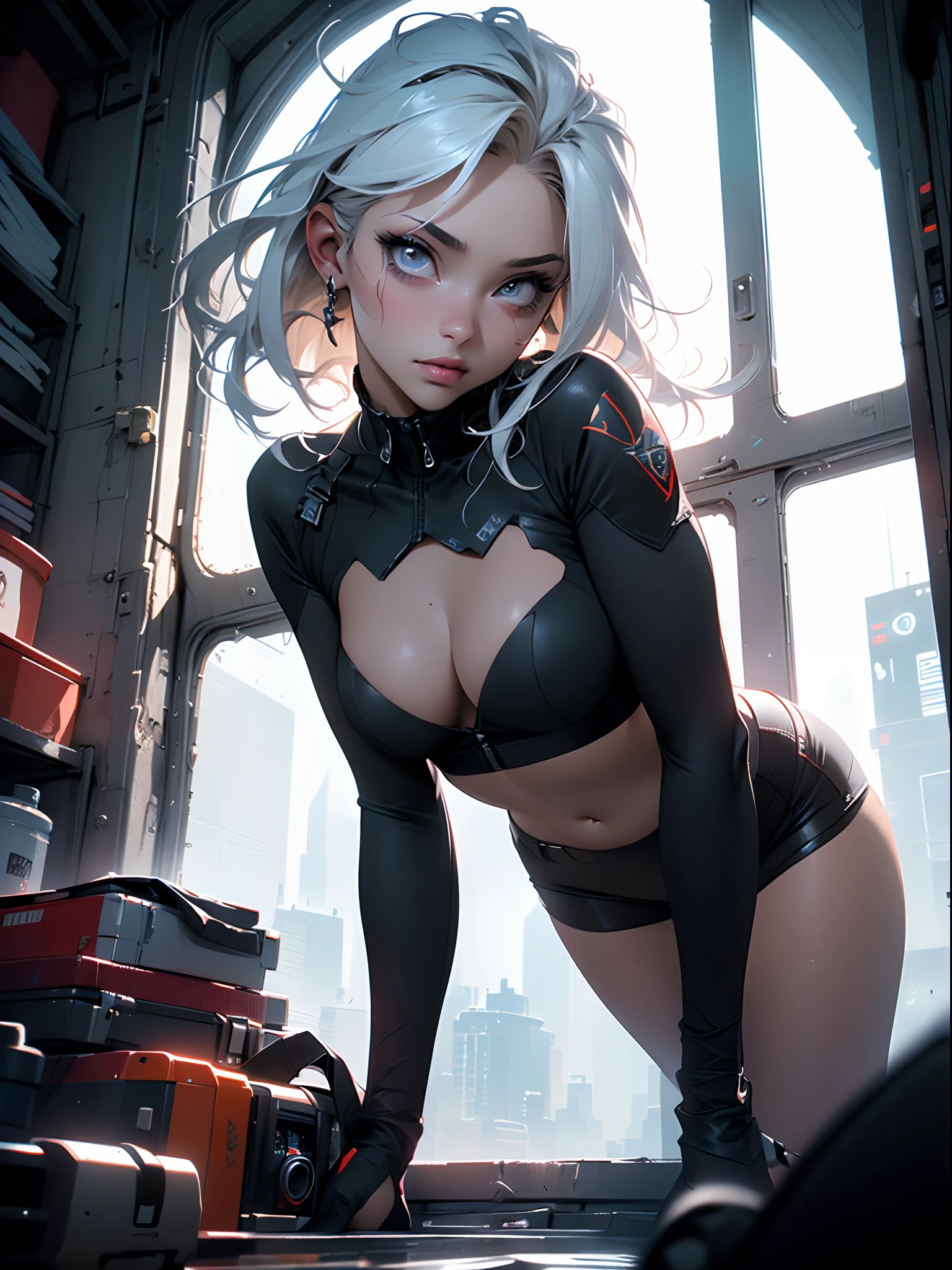 (Best Quality), ((Masterpiece), (Detail: 1.4), 3D, A Beautiful Cyberpunk Woman, HDR (High Dynamic Range), Adult Woman, Clean Face, Sensual Pose, Tanned Skin, High Contrast, Short Colored Mohawk Hair, Ray Graphics by Clothing, On A Lunar Station, Ships Can Be Seen Through The Large Window, Satin Apparel, Ray Tracing, NVIDIA RTX, Super-Resolution, Unreal 5, Subsurface Scattering, PBR Textures, Post-Processing, Anisotropic Filtering, Depth of Field, Maximum Sharpness and Sharpening, Multilayer Textures, Albedo and Enhancement Maps, Surface Shading, Accurate simulation of light-material interactions, perfect proportions, Octane Render, Two-color light, large aperture, low ISO, white balance, rule of thirds, 8K RAW,