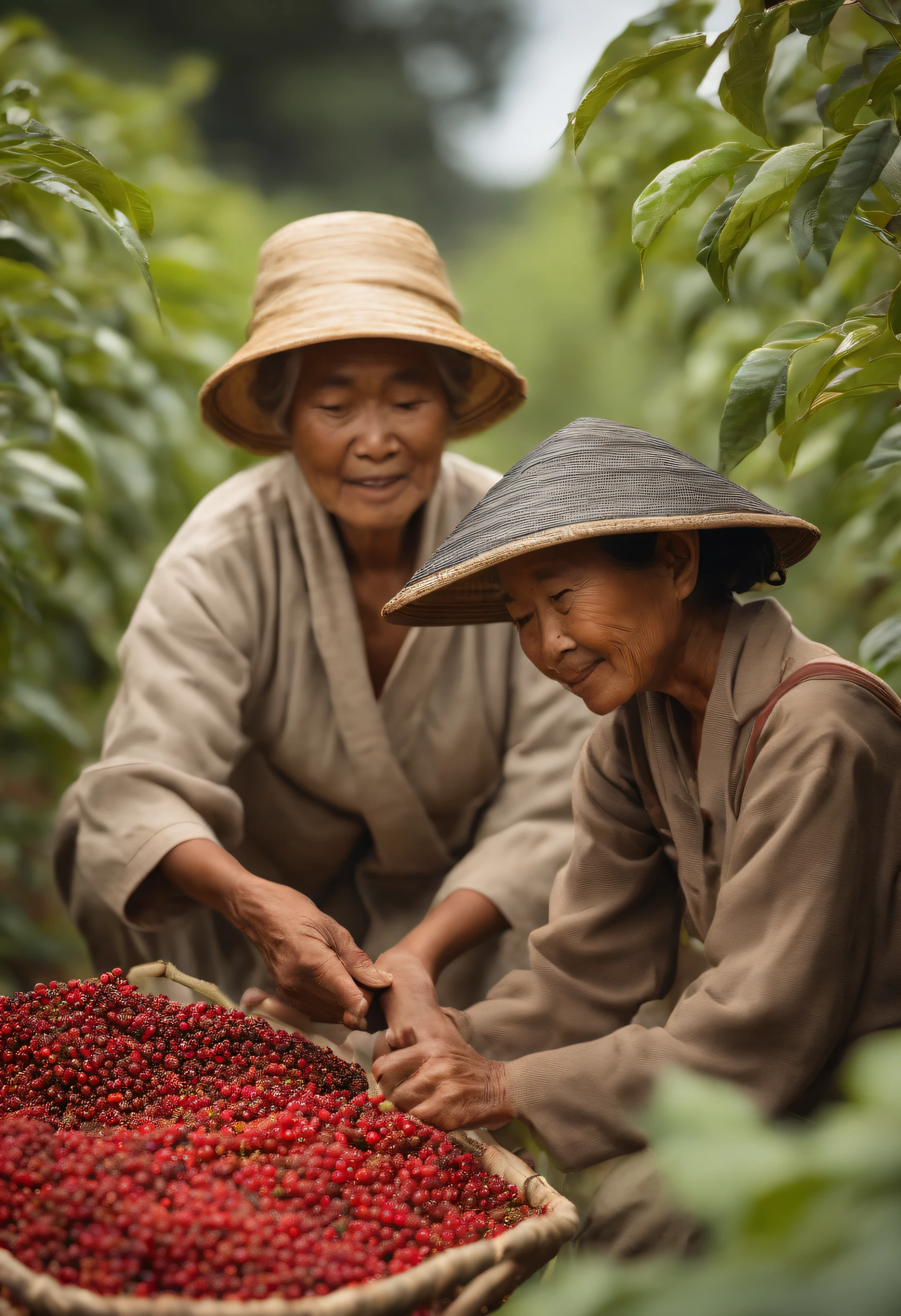 A 68-year-old lady, black pepper farmer, of Japanese origin, harvesting black pepper on a plantation, accompanied by a also from Japan, learning how to do harvesting work, blurred background, quality photographic, 8k, 16:9 resolution.