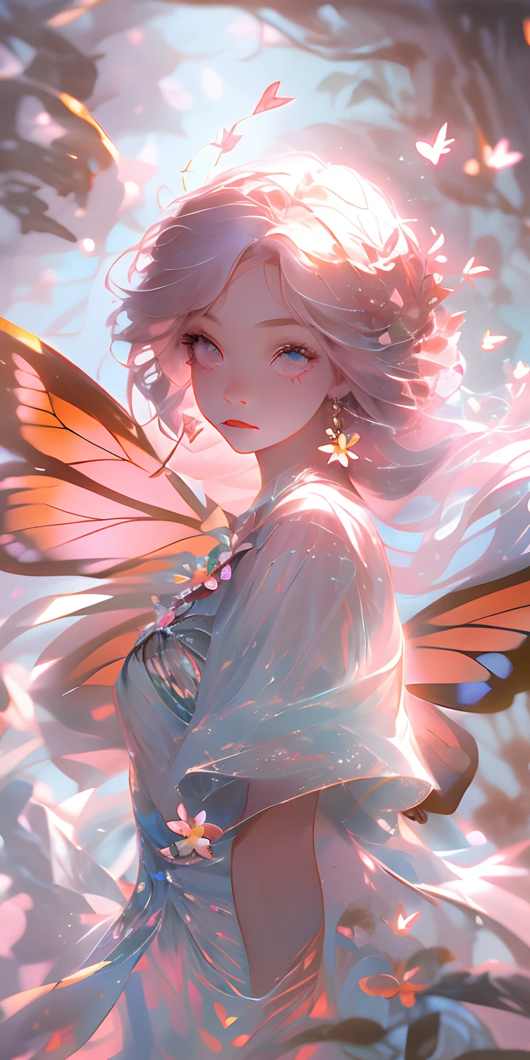 (Best Quality, Masterpiece), 1girl, Pose, Particle, Wind, Flower, Upper Body, Pink and White Color Scheme, Simple Background, Looking at the Viewer, Flower Fairy, Wings, Forest, Butterfly,