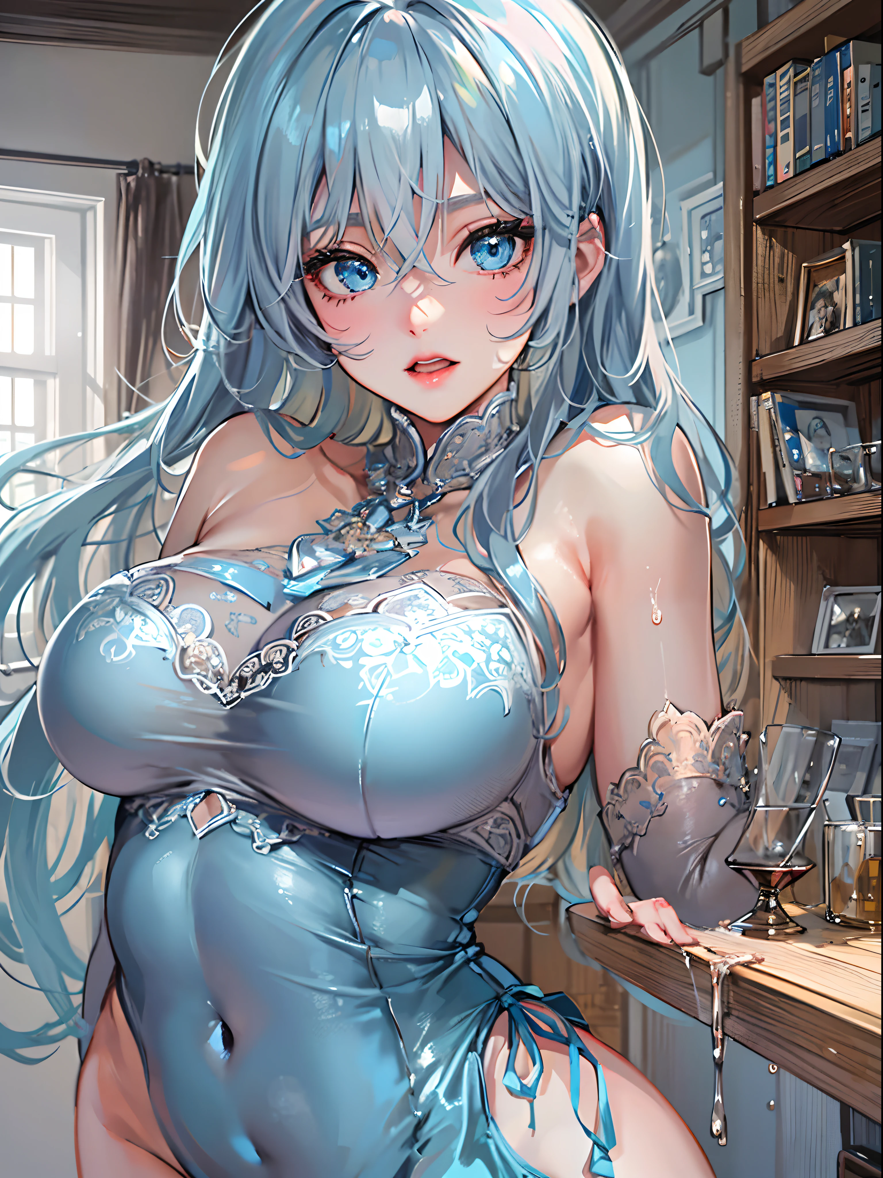 Beautiful hyper anime girl, blue eyes, gray hair, looking on camera, hot, sexy, perfect anatomy, massive breast, big hips, wearing lingerie of sky-blue colour, shiny skin, wet in oil, bold, seductive look, 8k, sharp focus, hyper detailed, intricate details, standing in her bedroom, wooden wall table and lamp in background