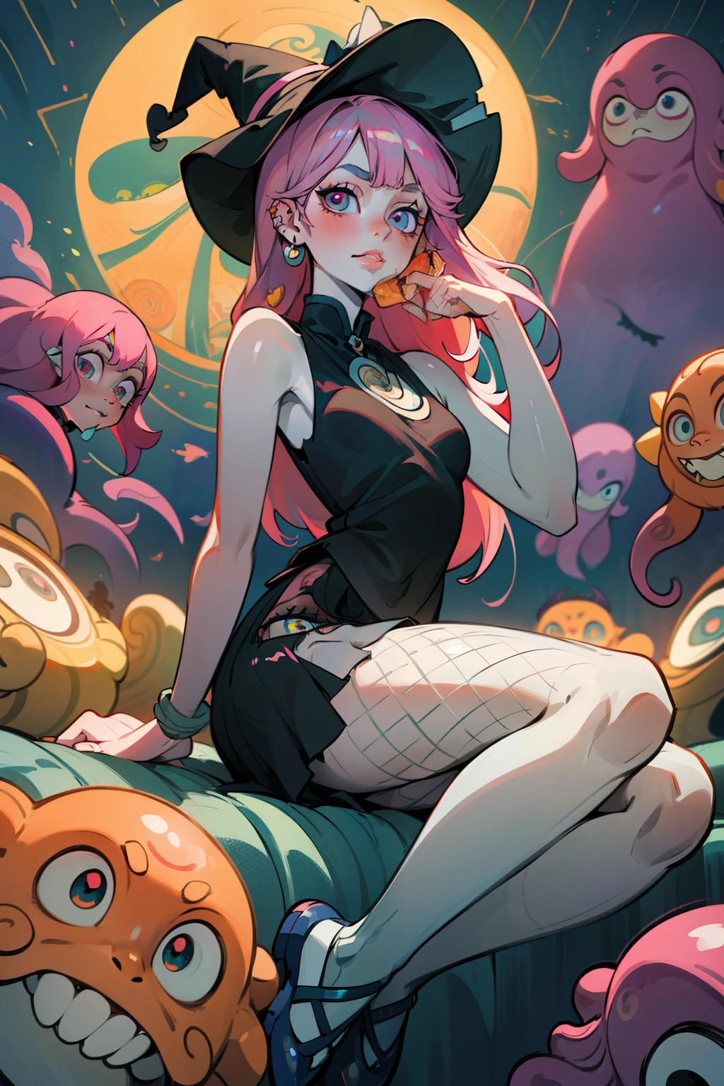 Sitting on legs with feet soles facing camera in ballerina shoes with big butt and hips with face over looking over shoulders back into camera lingerie must be very strappy with charms, witch hat, with outfit, witch dress, witch costume, petting creatures,(8K, 4K, Best Quality, hight resolution:1.2), (maasterpiece, Realistic, photos realistic:1.37), 1girll, Solo, Beautiful face, eye lashes, nase, Glossy lips, (Detailed eyes, view the viewer, Fair skin, White skin:1.5), crocs with charms, eating a burger, color schemes green, glowing elements, light effects, light rays, back lighting, warm back light, background is just pillows, octopus tentacles wrapping around the pillows, and curtains, window with a view, extremely long braided hair, cute hat, flowers, octapus tentacles, tattoos, piercings, fishnets, skirt, and tank top, y2k, white water, underwater with fishes everywhere holding breath eating fish, Ultra maniac anime manga style theme (nana manga) Kamikaze kaitoujin, full body high quality 4k illustration, ceiling view pose girl looking into camera from a white bedsheet and blood splatter, Junji ito style, (uzumaki, lit. "Spiral") is a Japanese horror manga series written and illustrated by Junji Ito, horror illustration, (uzumaki) (tomie) (a girl,beauty,2girls,3girls)cool detailed eyes,beautiful detailed lips,extremely detailed eyes and face,longeyelashes,colorful hair,confident smile,stylish outfit, earrings (yummy) food in a dynamic pose(aesthetic style),vibrant colors,street-art inspired background,urban lighting, pearly white and oranget, horror Comic book. White hair streaks, aqua blue hair, hair with a lot of flow and blonde, city scape, clothes, lingerie laying on the floor, red hair, pink hair, rainbow hair, white hair, brown hair, neon hair, group photo