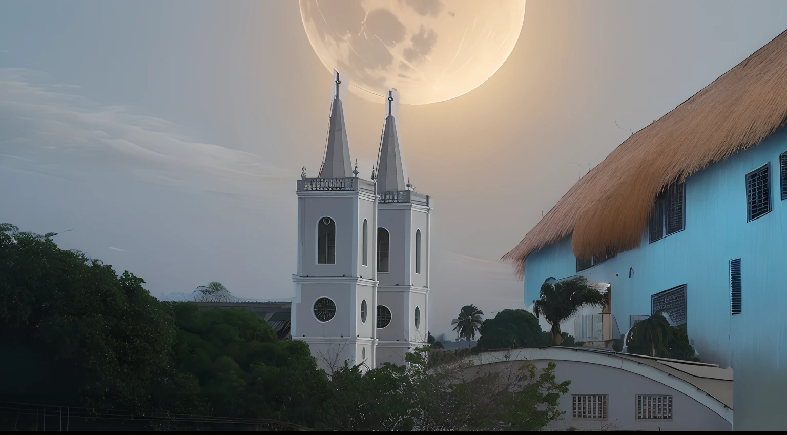 Noite escura, com lua cheia, nuvens carregadas e sombrias, cor azul e fria