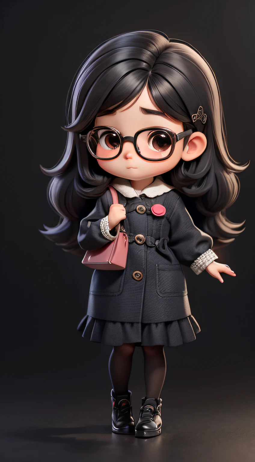 Cute s、estilo chibi、Big glasses、Semi-long with black hair、view full body、Facing the front and in focus is the camera lens、1-head body、Solid pattern on the same background