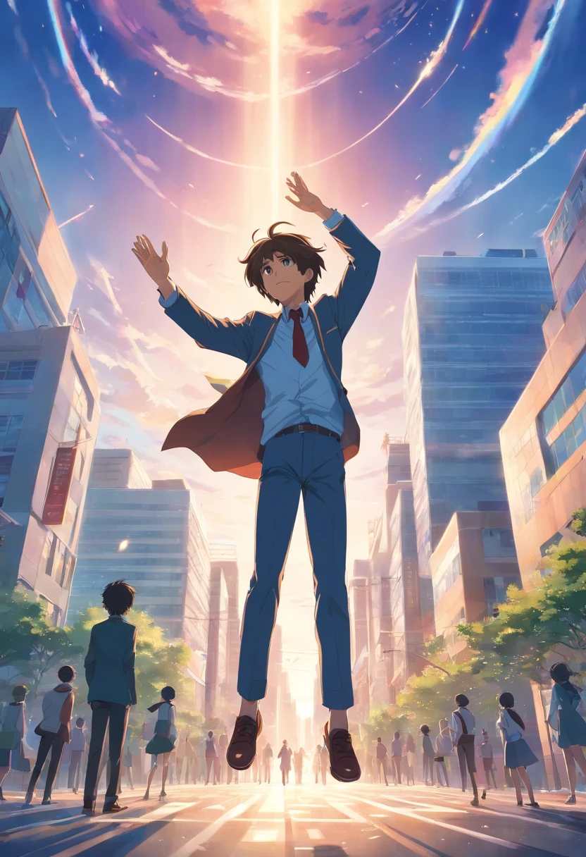 top-quality A handsome A high school boy with long hair at the front blazers Upside down in the air reaching out her hands Falling in the sky
