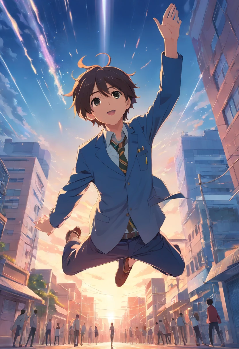 top-quality A handsome A high school boy with long hair at the front blazers Upside down in the air reaching out her hands Falling in the sky