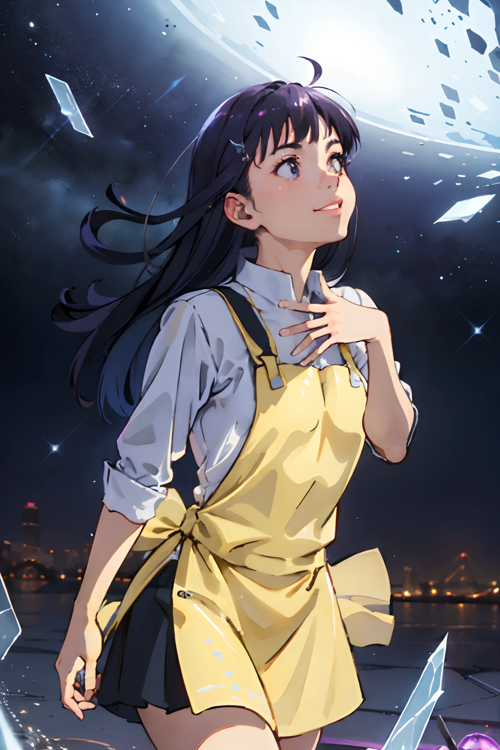 (best quality,4k,8k,highres,masterpiece:1.2),ultra-detailed,(realistic,photorealistic,photo-realistic:1.37),yamada 1girl,solo,dreaming,sparkling gradient,cosmic,fantastic future waitress,portrait,glowing hair,dreamy eyes,sparkling dress,futuristic cityscape,neon lights,starry sky,purple and blue color palette,vibrant colors,reflection in glass,waitress apron,holding a tray with holographic food and drinks,floating holographic menu,misty atmosphere,airy feeling,soft lighting,surreal setting,retro-futuristic vibe,luminous glow,sparkling stars,shimmering particles,magical aura,peaceful ambiance,genuine smile,confident pose,positive energy,illuminated streets,a sense of hope,celestial beauty,captivating presence,imagination unleashed,dreams becoming reality,entrancing charm,otherworldly experience