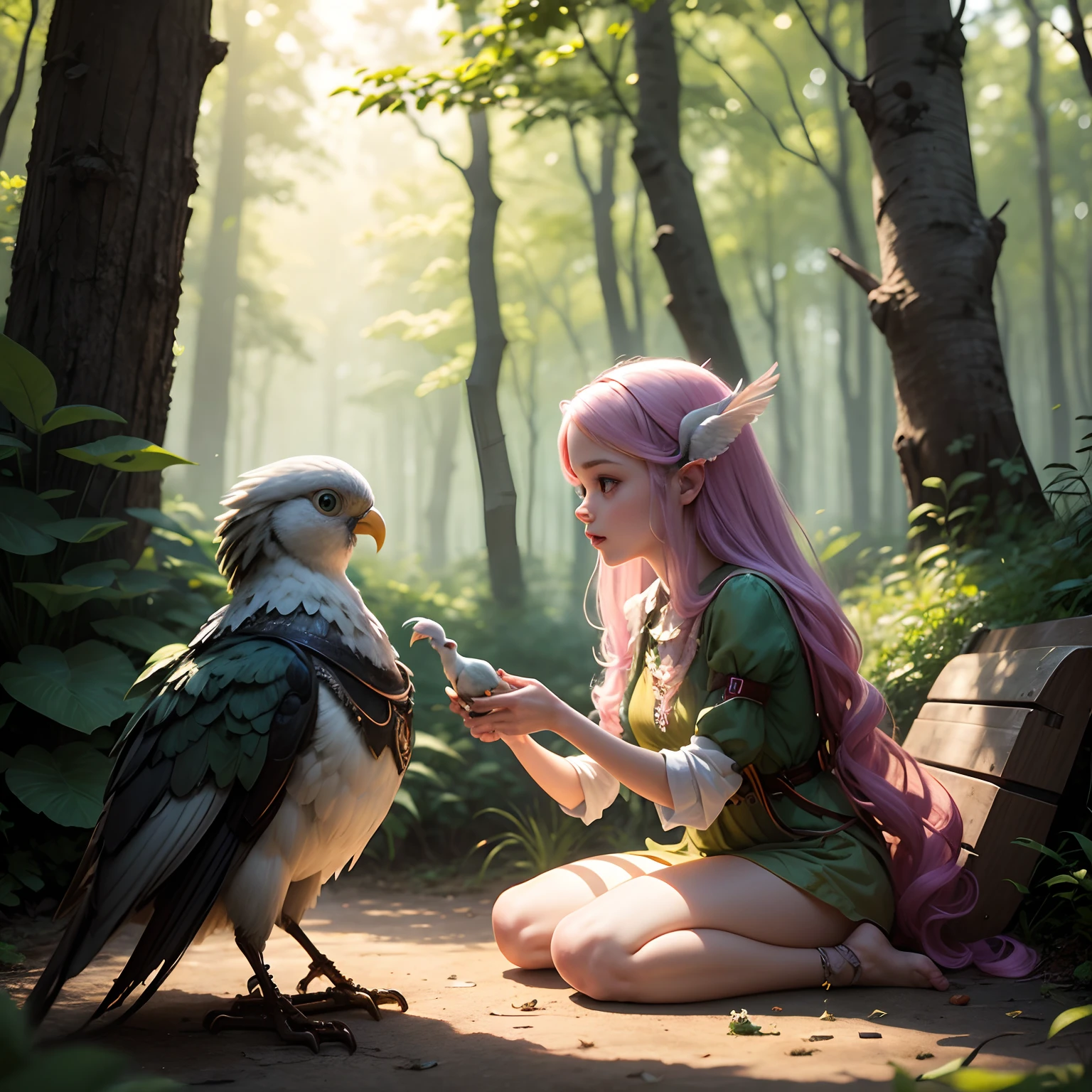 Forest nymph with her robot friend playing with the cockatiel, Rapunzel, alta qualidade, super realista, hiper detalhado, 10k.