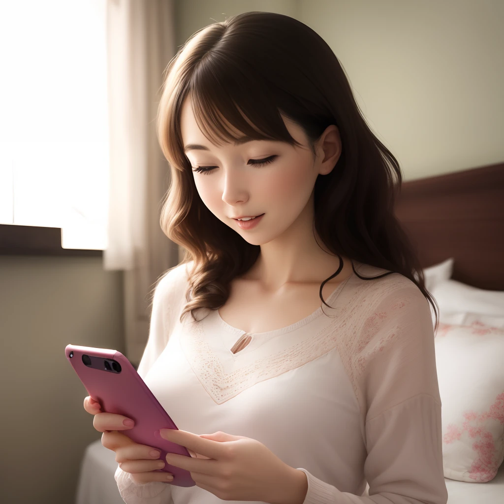 Woman playing with her phone in bedroom