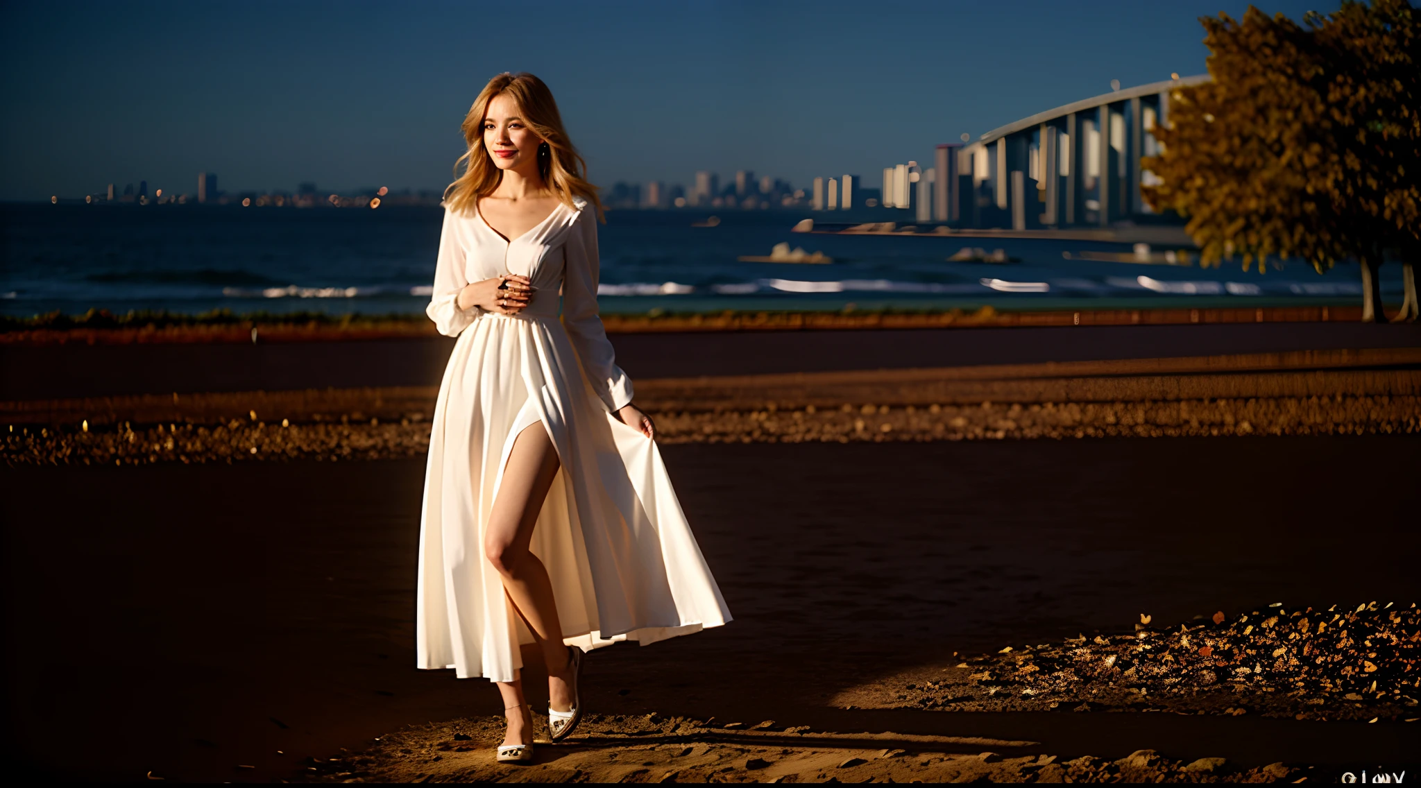 (Photorealsitic:1.4)、(autumnal_Dress:1.4)、(PureFace_v1:1) Warm tones,Slim and smooth skin,full body Esbian,1girl in,Ears are visible,Shadow of hair ears,real face,Background is not clear,highcontrast,Alone,no-makeup,The long-haired,elegent,Luxury brand models,Smile expression,Oblique profile,Monochromatic clothing,Only one person,Bioluminescent earrings,A sexy, Erotic,Bewitching woman,Almost naked,Shot from a camera angle looking into the skirt,blondehair,Full British