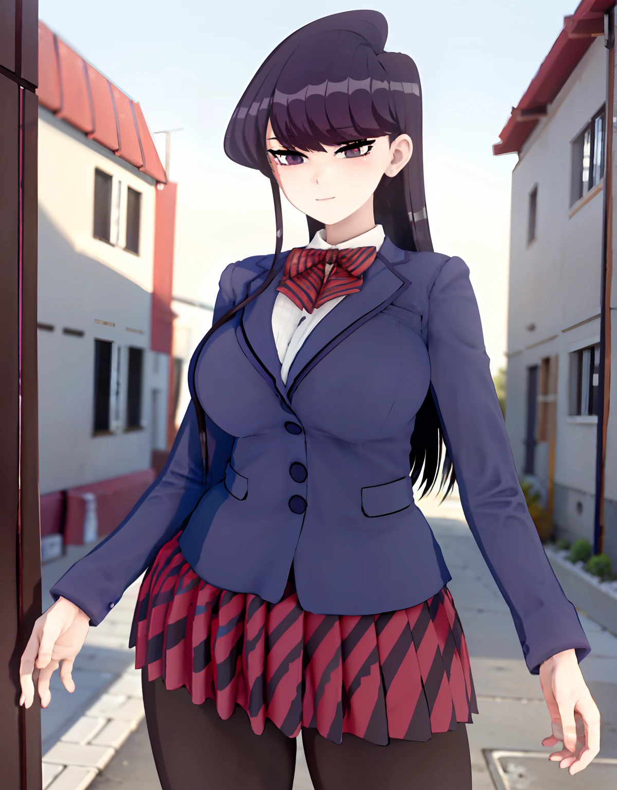 masterpiece, best quality, ultra detailed, art station, 1girl, romanticism, solo, detailed face, cute face, blush:1.2, (heart shaped pupil:1.3), seductive smile, wind swept hair, cute choker, black choker, bowtie, tight school uniform, mini school uniform, (cropped school unform), cleavage visible, showing off midriff, (showing off belly), abs, slightly muscular abs, accurate belly button, accurate lower belly, (slim waist), (wide hips), (panty strings), (thong strings), mini skirt, thick thighs, muscular thighs, thigh highs, looking at viewer, (dutch angle),facing the viewer, background in an alley in a garden, dappling sunlight, (vibrant colours:1.2), bright colours