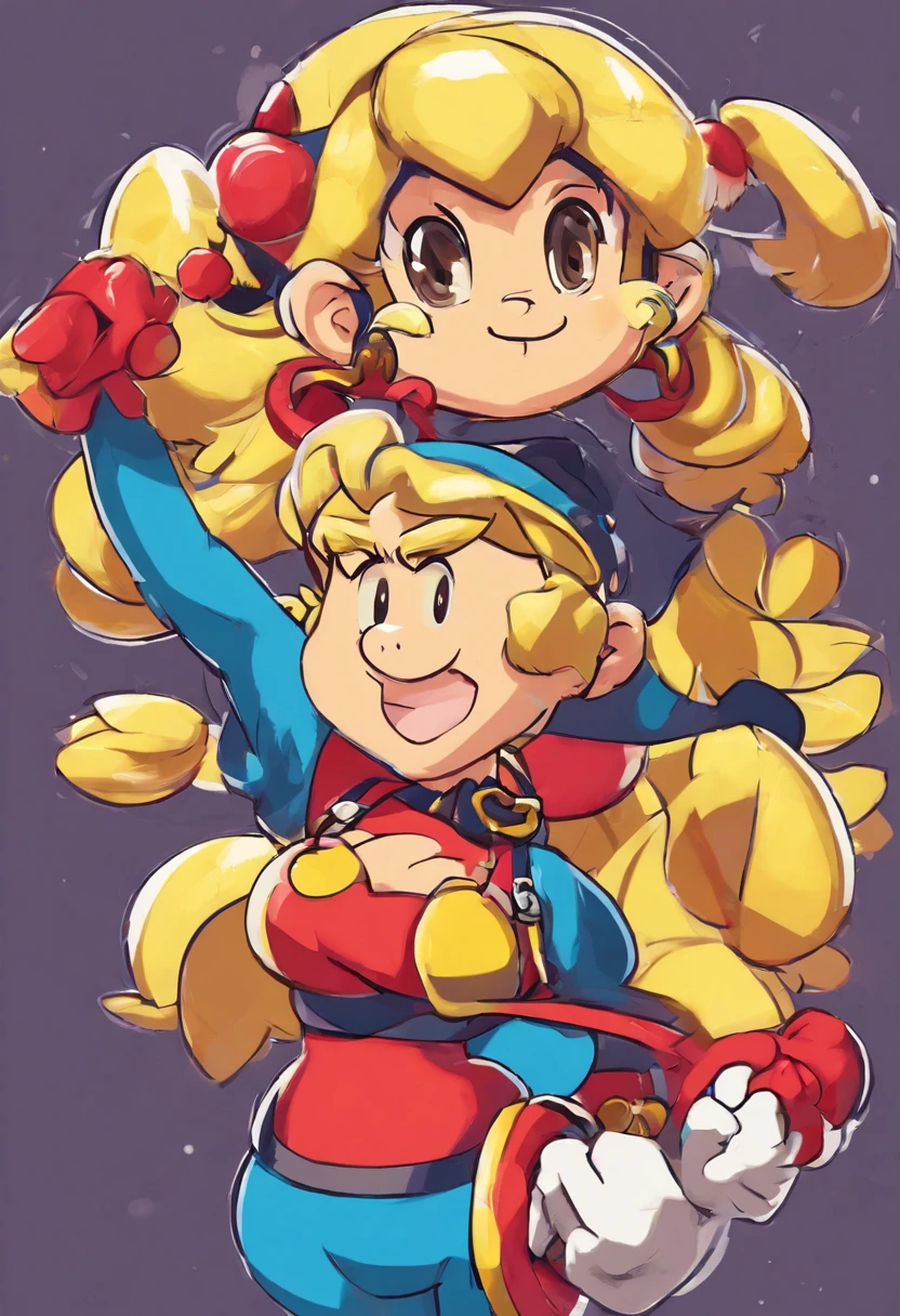 Strong chimpanzee and pigtailed girl(blond hairbl,Yellow eyes)