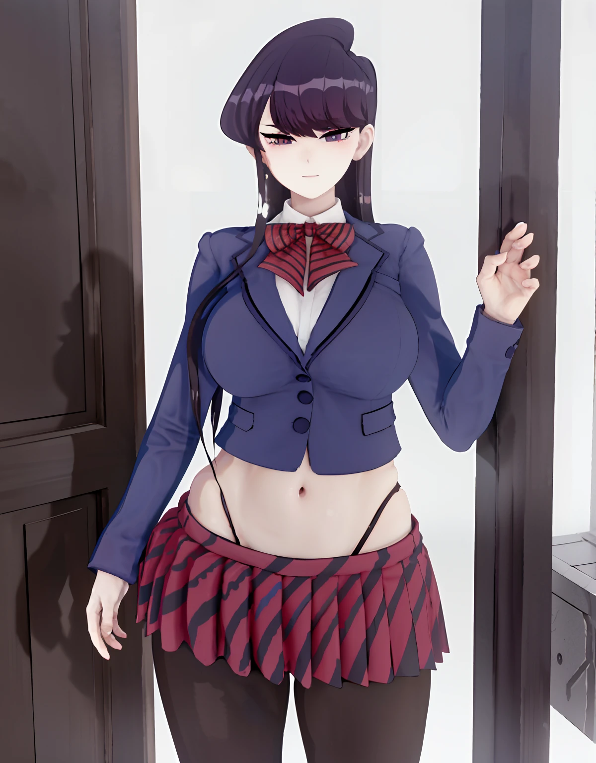 masterpiece, best quality, ultra detailed, art station, 1girl, romanticism, solo, detailed face, cute face, blush:1.2, (heart shaped pupil:1.3), seductive smile, wind swept hair, cute choker, black choker, bowtie, tight school uniform, mini school uniform, (cropped school unform), cleavage visible, showing off midriff, (showing off belly), abs, slightly muscular abs, accurate belly button, accurate lower belly, (slim waist), (wide hips), (panty strings), (thong strings), mini skirt, thick thighs, muscular thighs, thigh highs, looking at viewer, (dutch angle),facing the viewer, background in an alley in a garden, dappling sunlight, (vibrant colours:1.2), bright colours
