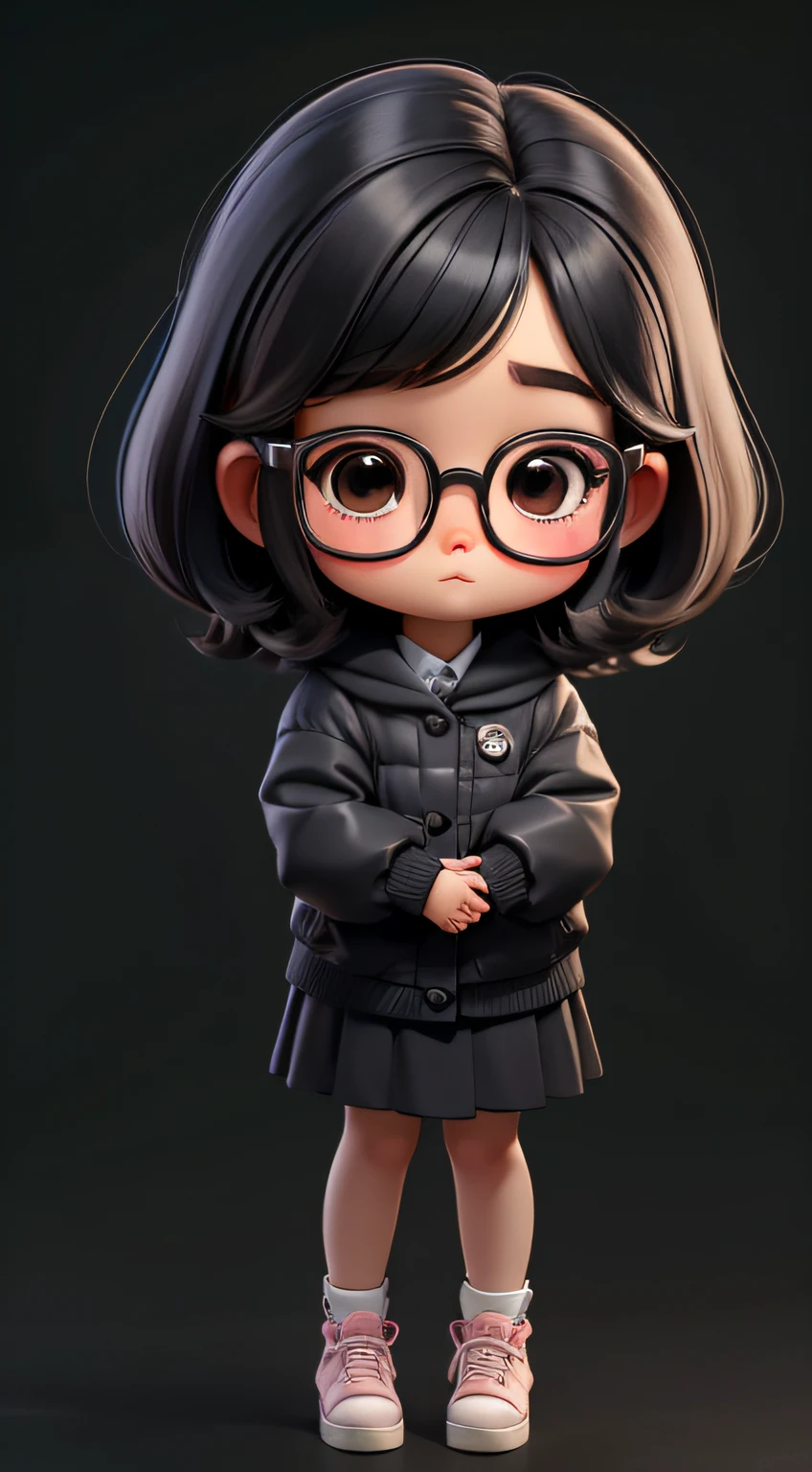 Cute s、estilo chibi、Big glasses、Semi-long with black hair、view full body、Hands folded in front of the knees、Facing the front and in focus is the camera lens、1-head body、Solid pattern on the same background