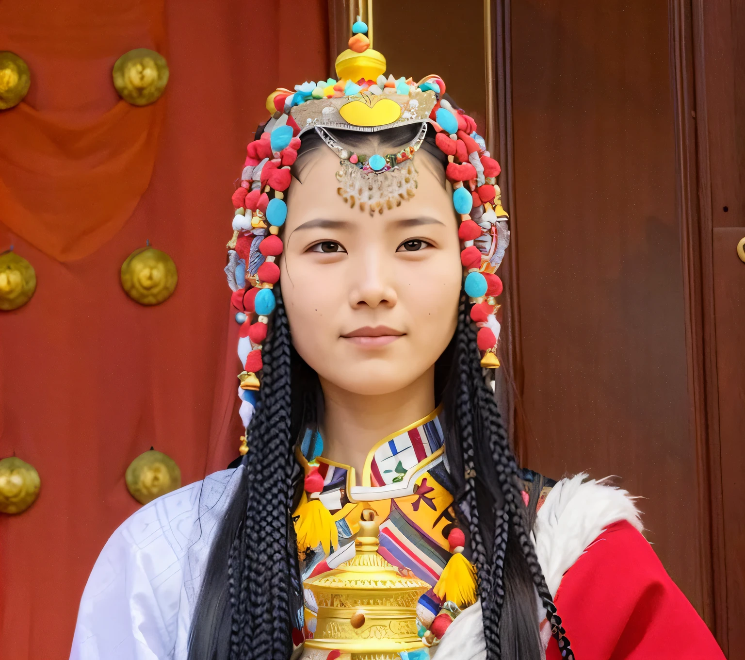 An Arad woman dressed in traditional dress stands in front of the door, traditionalcostumes, traditional garb, traditionalcostumes, beautiful himalayan woman, sci-fi tibetan fashion, Traditional clothing, Traditional beauty, beautiful young himalayan woman, a young woman as genghis khan, traditional tai costume, young himalayan woman, traditional, kazakh empress, Wearing traditional attire, authentic costume