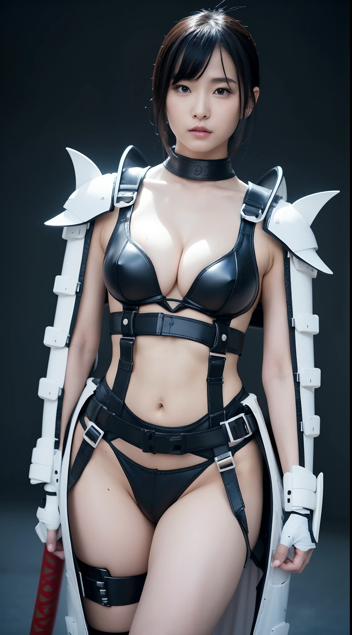 NSFW, 1girl in, Futuristic Sexy Kunoichi、White sheer costume、V-shaped navel open clothes、cleavage of the breast、nipple slip, Ultra detailed white skin、perfect kawaii face、Tough Hand Armor、Shin pads、Carrying a large Japan sword with a sheath on his back、actionpose、masutepiece、top-quality、futuristic cities