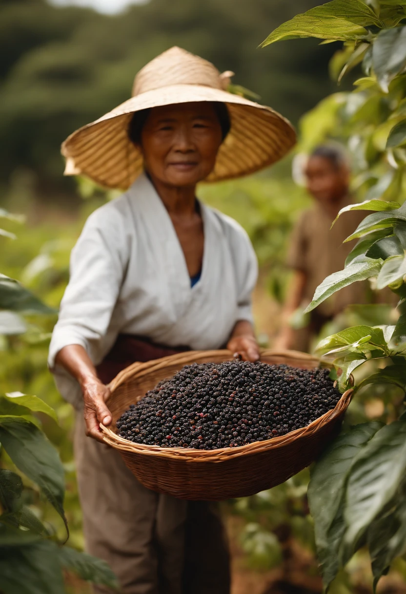 A 68-year-old lady, black pepper farmer, of Japanese origin, harvesting black pepper on a plantation, accompanied by a 12-year-old boy also from Japan, learning how to do harvesting work, blurred background, quality photographic, 8k, 16:9