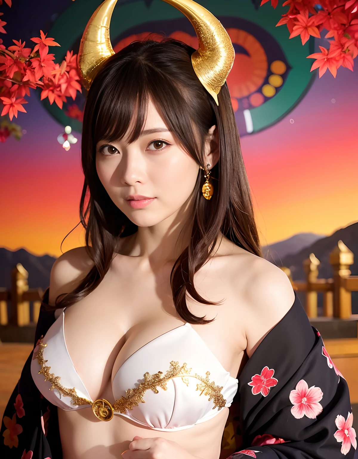 ((World of Darkness)),Professional , ​masterpiece、top-quality、photos realistic , depth of fields 、（sexypose）、(Red maple on full bloom background),（Ultimate Beauty）、A dark-haired、（shrine background)、（Kimono with beautiful pattern）、（Night background）、Beautiful hair ornament on the head、（（Precipitous cliffs））,(Wear a beautiful kimono),（Wear a beautiful kimono with colorful floral patterns）、Jewel Gold Weapon、Particles of light),(Wearing a wizard's hat）、Gorgeous gold weapons ,Castle background、（（ Gorgeous Dragon Sword）） , （a dark night）,,（maikurobikini） 、（（Black Haired Beautiful Girl））、（Castle background）、（demonic wings）、（（Gangle's forest background））、Beautiful Caucasian beauty、１a person、dynamic ungle,(((Two devil's horns on the head)))、Smaller head、Idle Smile、Thin and beautiful female hands、Mystical expression、Light Effects、intense fighting、Wind-effect、magic circles、With the legendary magic wand、Dragon's tail、