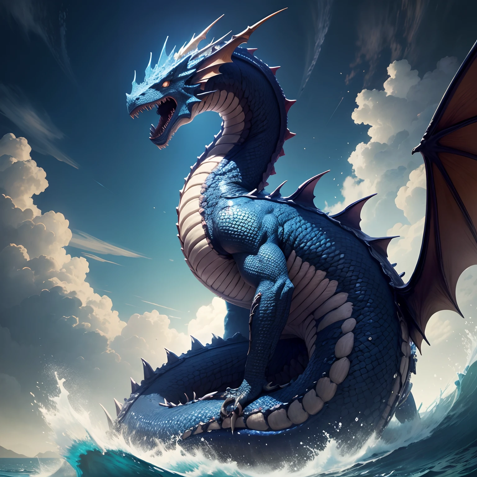 a dragon in the ocean behind a fog with red eyes