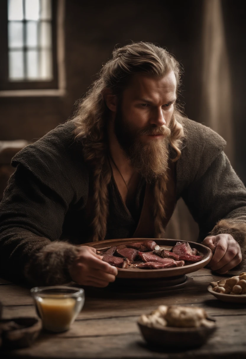 a badass viking man at table, eating meat with hands, with wooden plate with medieval food on the table, full body