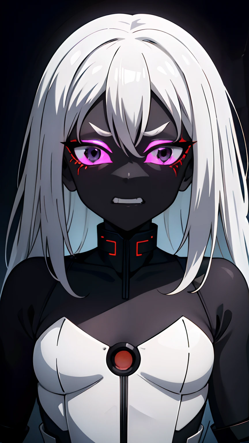 1 girl, black skin tone, petite, small chest, futuristic armor, black eyes, Evil Aura, Cursed Armor, cursed girl, Scary face, oni mask