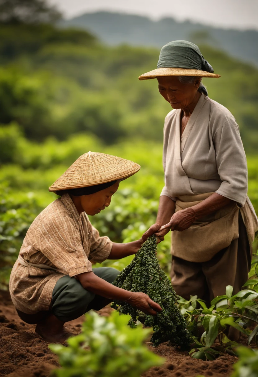 A 68-year-old lady, black pepper farmer, of Japanese origin, harvesting black pepper on a plantation, accompanied by a 12-year-old boy also from Japan, learning how to do harvesting work, blurred background, quality photographic, 8k, --ar 16:9