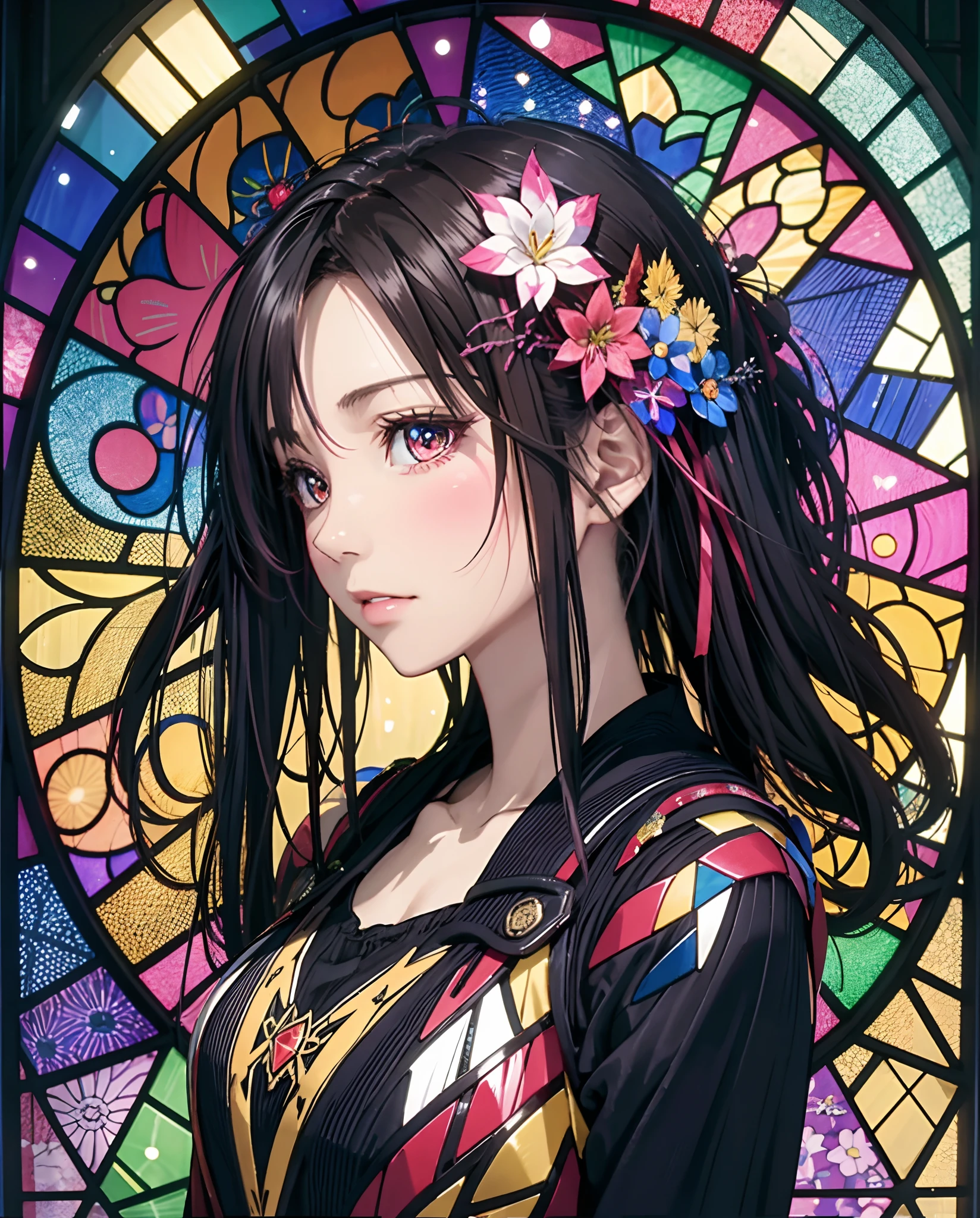 (masutepiece, of the highest quality, Best Quality,Official art, Beautiful and aesthetic:1.2),(1girl in:1.3), 1 Girl BREAK Stained Glass Art, Colored Glass, Lead Line, Light transmission breaks bright colors, intricate designs, luminous effect, Spiritual atmosphere