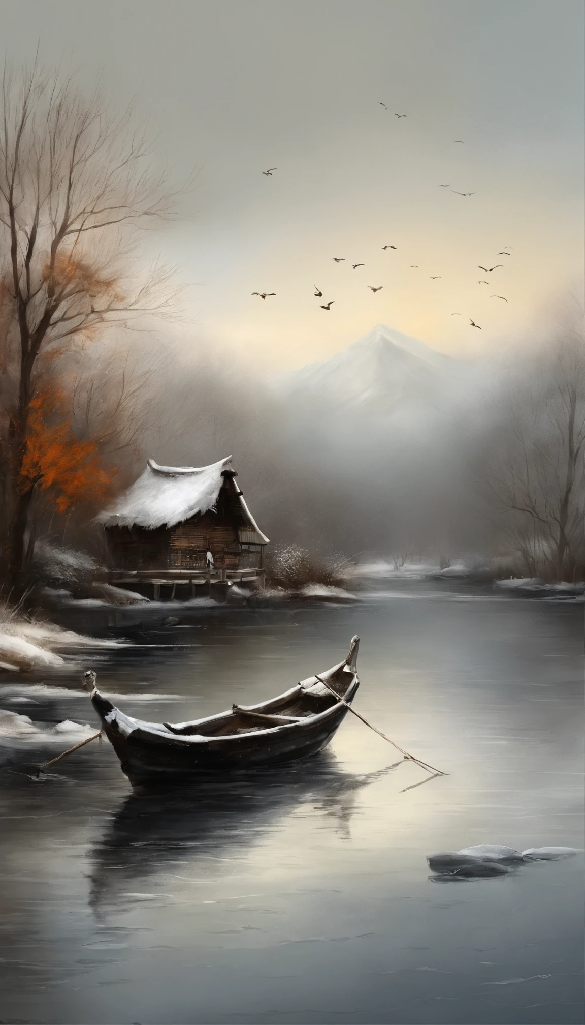 A thousand birds fly,Ten thousand paths disappeared。Lonely boats,Fishing alone in the cold river snow。 (【Translation】 You don't see a single bird in the mountains,The tracks of thousands of people were cut off。On the lonely boat is an old man in a cloak,Fishing alone against the wind and snow),(A small boat on the water),(An old man sits in a small boat fishing),Inspired by the creators:《Jiang Xue》Yanagi Zongyuan,Ray,(light and shadow effect),(vivd colour),(Color splattering),(Obvious layers),(Ink painting style:1.2),(Photography Award),(8k wallpaper),(Masterpiece),(best qualtiy),(Heavy snowfall),(snow landscape),Winter tones,There was a wind blowing,(Side lighting ),(cinema4d),(Movie lighting),(Depth of field effect),(Unreal 5),(tmasterpiece),(8K分辨率),photorealestic,realisticlying