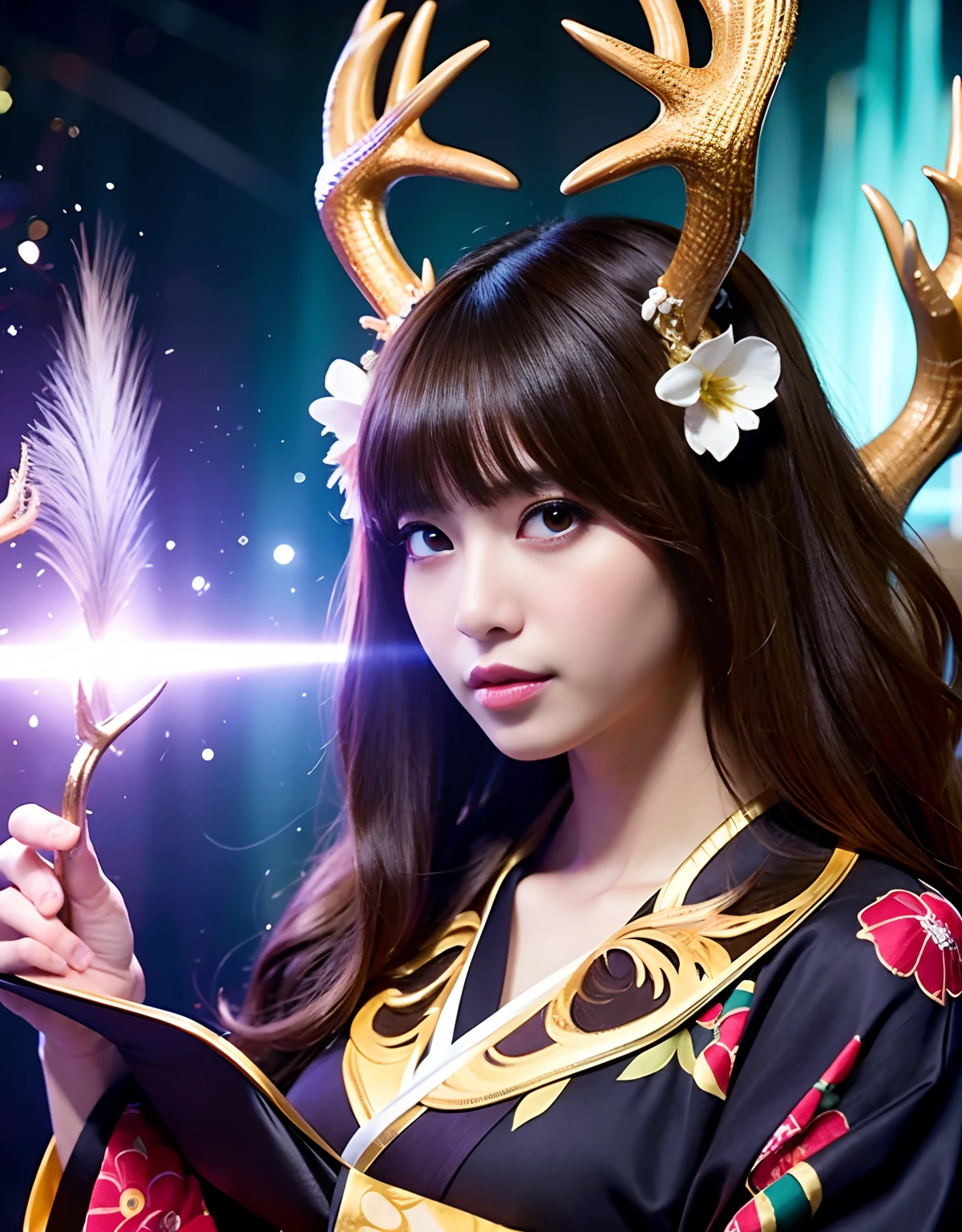 ((World of Darkness)),Professional , ​masterpiece、top-quality、photos realistic , depth of fields 、（Maiko's hairstyle）、(Maple background in full bloom),（Ultimate Beauty）、Red-haired、（Fight ninjas)、（Kimono with beautiful pattern）、（Night background）、（（a dark night））,(Wear a beautiful kimono),（Wear a beautiful kimono with colorful floral patterns）、Jewel Gold Weapon、Particles of light),（Castle background）、Gorgeous gold weapons ,（（ Gorgeous weapon Dragon Sword）） , （a dark night）,,（maikurobikini） 、（（Black Haired Beautiful Girl））、（Castle background）、（demonic wings）、（（Gangle's forest background））、Beautiful Caucasian beauty、１a person、dynamic ungle,(((Two deer antlers on the head)))、Smaller head、Idle Smile、Thin and beautiful female hands、Mystical expression、Light Effects、intense fighting、Wind-effect、magic circles、With the legendary magic wand、Dragon's tail、Anatomically correct body、