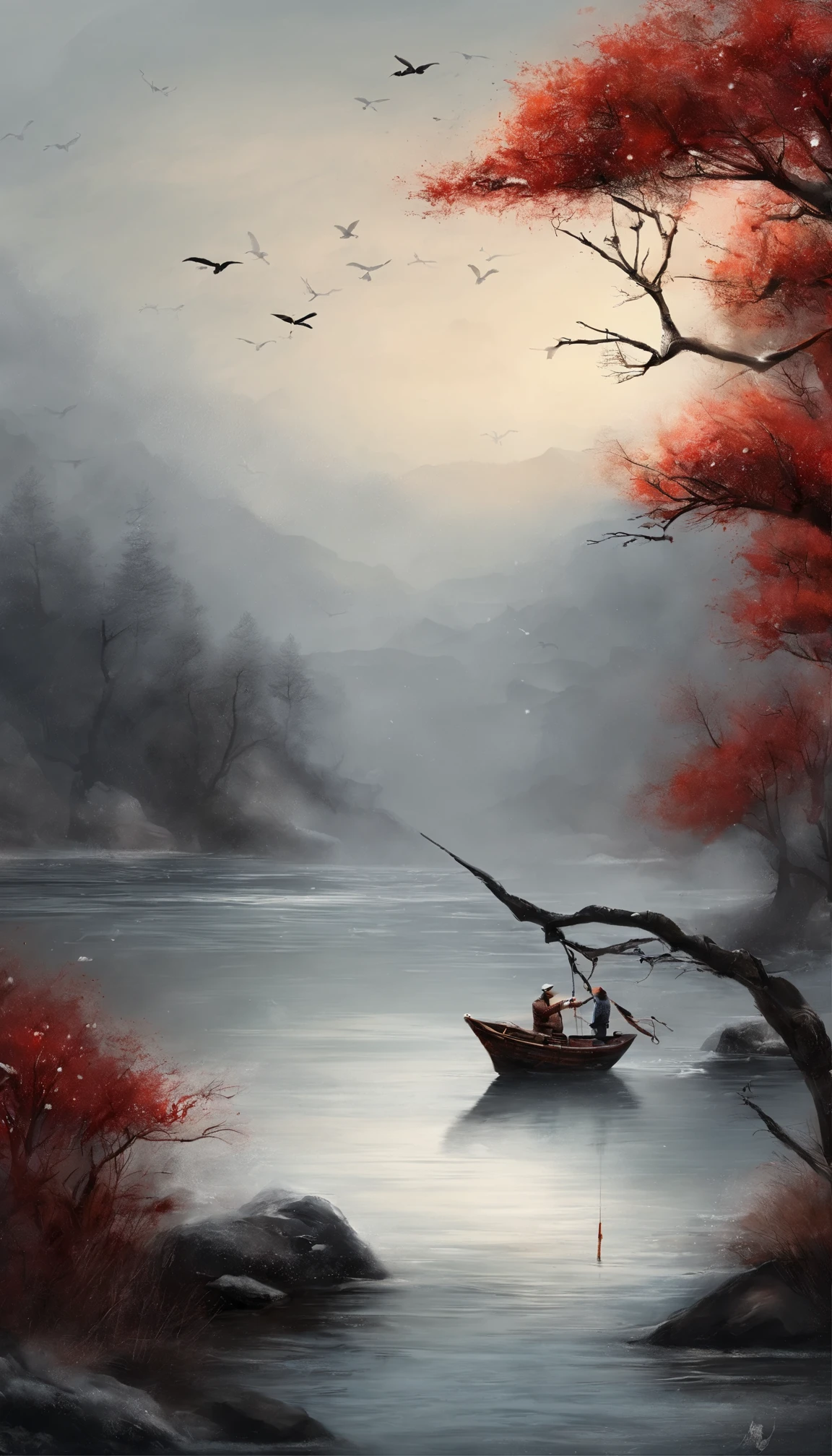A thousand birds fly,Ten thousand paths disappeared。Lonely boats,Fishing alone in the cold river snow。 (【Translation】 You don't see a single bird in the mountains,The tracks of thousands of people were cut off。On the lonely boat is an old man in a cloak,Fishing alone against the wind and snow),(A small boat on the water),(An old man sits in a small boat fishing),Inspired by the creators:《Jiang Xue》Yanagi Zongyuan,Ray,(light and shadow effect),(vivd colour),(Color splattering),(Obvious layers),(Ink painting style:1.2),(Photography Award),(8k wallpaper),(Masterpiece),(best qualtiy),(Heavy snowfall),(snow landscape),Winter tones,There was a wind blowing,(Side lighting ),(cinema4d),(Movie lighting),(Depth of field effect),(Unreal 5),(tmasterpiece),(8K分辨率),photorealestic,realisticlying