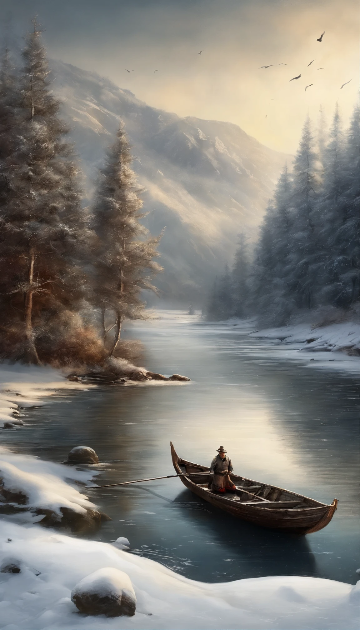 A thousand birds fly，Ten thousand paths disappeared。Lonely boats，Fishing alone in the cold river snow。 （【Translation】 You don't see a single bird in the mountains，The tracks of thousands of people were cut off。On the lonely boat is an old man in a cloak，Fishing alone against the wind and snow），（A small boat on the water），（An old man sits in a small boat fishing），Inspired by the creators：《Jiang Xue》Yanagi Zongyuan，Ray，（light and shadow effect）,（vivd colour）,（Color splattering）,（Obvious layers）,（Ink painting style:1.2）,（Photography Award）,（8k wallpaper）,（Masterpiece）,（best qualtiy）,（Heavy snowfall），（snow landscape），Winter tones，There was a wind blowing，（Side lighting ），（cinema4d），（Movie lighting），（Depth of field effect），（Unreal 5），（tmasterpiece），（8K分辨率），photorealestic，realisticlying
