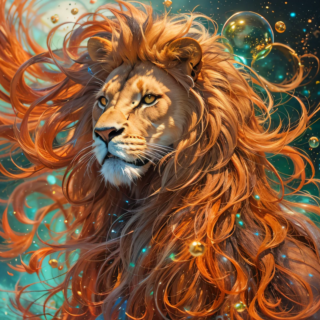 cyan colors，blue colors，enamel，agates，The world of lions，Blood Lion 32K（tmasterpiece，k hd，Aoyama Pond，hyper HD，32K）Long flowing bright orange hair，Moon pool，zydink， a color，Grumpy （Post-halo）， （Linen scarf）， The mist was thick， looking at the ground， long whitr hair， Floating bright orange， Fire cloud pattern gold tiara， Chinese long-sleeved gold silk burgundy garment， （Abstract metaverse splash：1.2）， white backgrounid，Lion Protector（realisticlying：1.4），Bright purple hair，Smoke on the road，The background is pure， A high resolution， the detail， RAW photogr， Sharp Re， Nikon D850 Film Stock Photo by Jefferies Lee 4 Kodak Portra 400 Camera F1.6 shots, Rich colors, ultra-realistic vivid textures, Dramatic lighting, Unreal Engine Art Station Trend, cinestir 800，A lion with long flowing bright orange hair，Huge colorful bubbles，Awaken the lion