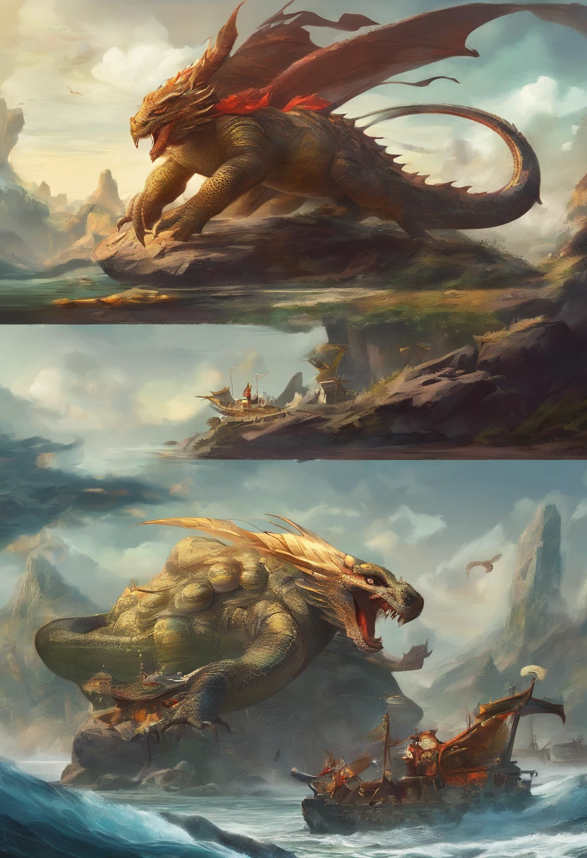 Dragon turtle，Huge, Heavy tortoiseshell shell，Chinese leader，The long tail of the snake，swell sea，China-style，oc rendered，super-fine，high qulity，A high resolution
