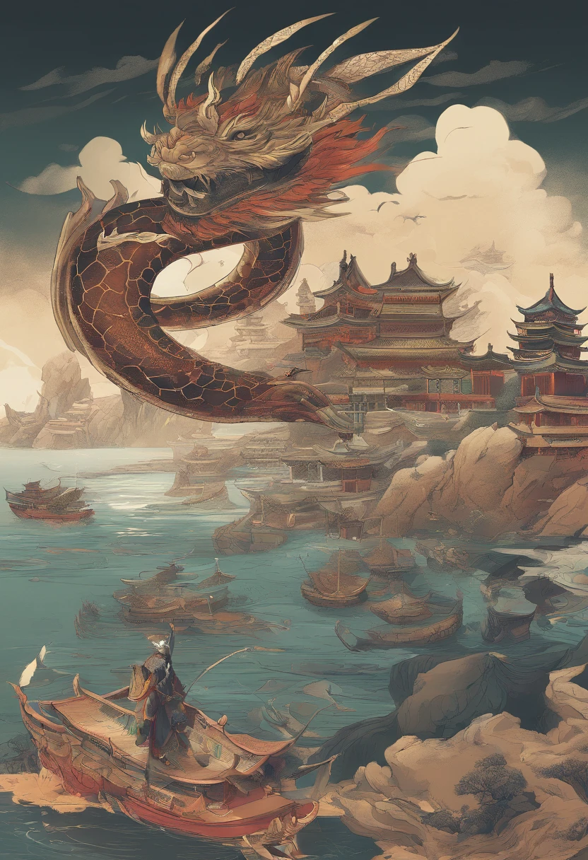 Dragon turtle,Huge, Heavy tortoiseshell shell,Chinese leader,The long tail of the snake,swell sea,China-style,oc rendered,super-fine,high qulity,A high resolution
