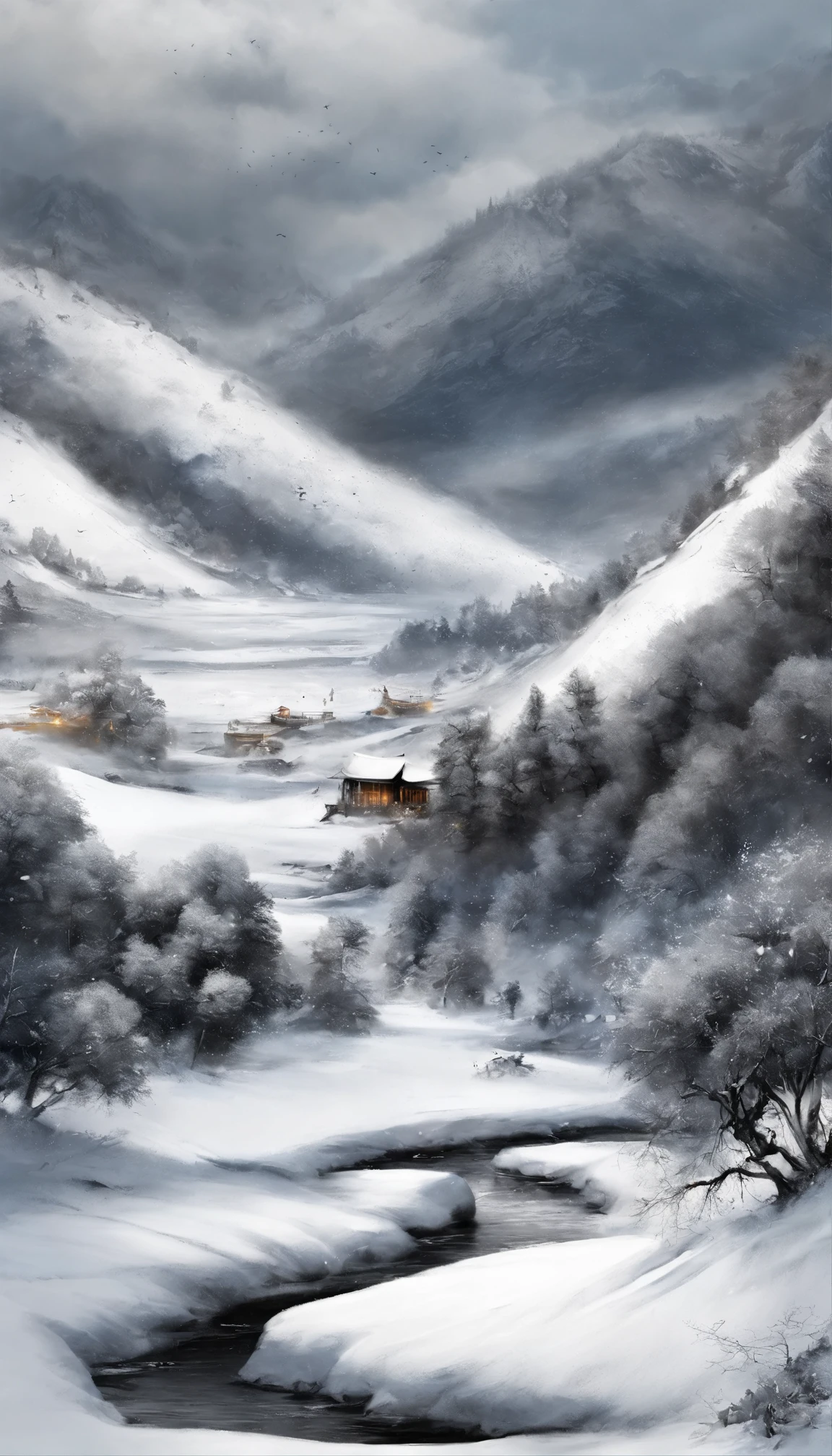A thousand birds fly,Ten thousand paths disappeared。Lonely boats,Fishing alone in the cold river snow。 (【Translation】 You don't see a single bird in the mountains,The tracks of thousands of people were cut off。On the lonely boat is an old man in a cloak,Fishing alone against the wind and snow),(A small boat on the water),(An old man sits on a small boat fishing),Inspired by the creators:《Jiang Xue》Yanagi Zongyuan,Ray,(light and shadow effect),(vivd colour),(Color splattering),(Obvious layers),(Ink painting style:1.2),(Photography Award),(8k wallpaper),(Masterpiece),(best qualtiy),(Heavy snowfall),(snow landscape),Winter tones,There was a wind blowing,(Side lighting ),(cinema4d),(Movie lighting),(Depth of field effect),(Unreal 5),(tmasterpiece),(8K分辨率),photorealestic,realisticlying
