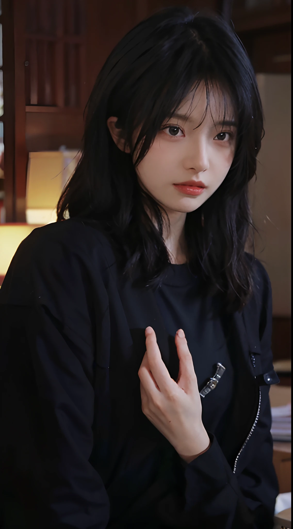 best qualityer，tmasterpiece，超高分辨率，（realisticlying：1.4），1girll，Raised sexy，（Open black coat：1.2），（brassier：1.2），（Bigchest：1.8），（The upper part of the body：1.4）
