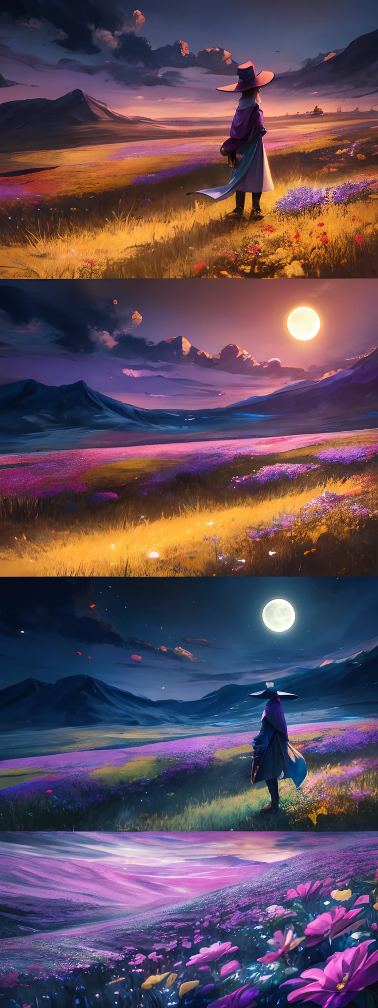 Expansive landscape photograph，（look from down，Above is the sky，Below are open fields），The wizard stands on a field of flowers，looking away up。，sky-high tower，（moon full：1.2），（meteors：0.9），（Starcloud：1.3），Far Mountain, Tree BREAK making art，（Warm light source：1.2），（glowworm：1.2），lamp lights，Lots of purple and orange，Complicated details，Volumetriclighting，Realism BREAK（tmasterpiece：1.2），（best qualtiy），4K，Ultra-detailed，（dynamic compositions：1.4），The is very detailed，Colorful details，（Irridescent color：1.2），（luminouslighting，Atmospheric lighting），dream magical，magical，（独奏：1.2）