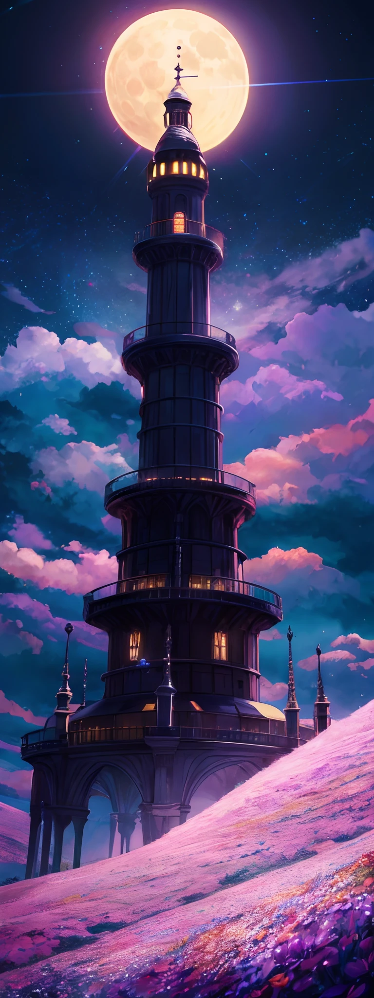Expansive landscape photograph,(look from down,Above is the sky,Below are open fields),The wizard stands on a field of flowers,looking away up。,sky-high tower,(moon full:1.2),(meteors:0.9),(Starcloud:1.3),Far Mountain, Tree BREAK making art,(Warm light source:1.2),(glowworm:1.2),lamp lights,Lots of purple and orange,Complicated details,Volumetriclighting,Realism BREAK(tmasterpiece:1.2),(best qualtiy),4K,Ultra-detailed,(dynamic compositions:1.4),The is very detailed,Colorful details,(Irridescent color:1.2),(luminouslighting,Atmospheric lighting),dream magical,magical,(独奏:1.2)