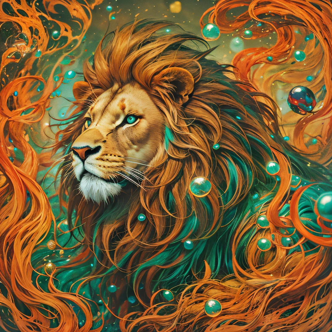 cyan colors,blue colors,enamel,agates,The world of lions,Blood Lion 32K(tmasterpiece,k hd,Aoyama Pond,hyper HD,32K)Long flowing bright orange hair,Moon pool,zydink, a color,Grumpy (Post-halo), (Linen scarf), The mist was thick, looking at the ground, long whitr hair, Floating bright orange, Fire cloud pattern gold tiara, Chinese long-sleeved gold silk burgundy garment, (Abstract metaverse splash:1.2), white backgrounid,Lion Protector(realisticlying:1.4),Bright purple hair,Smoke on the road,The background is pure, A high resolution, the detail, RAW photogr, Sharp Re, Nikon D850 Film Stock Photo by Jefferies Lee 4 Kodak Portra 400 Camera F1.6 shots, Rich colors, ultra-realistic vivid textures, Dramatic lighting, Unreal Engine Art Station Trend, cinestir 800,A lion with long flowing bright orange hair,Huge colorful bubbles,Awaken the lion