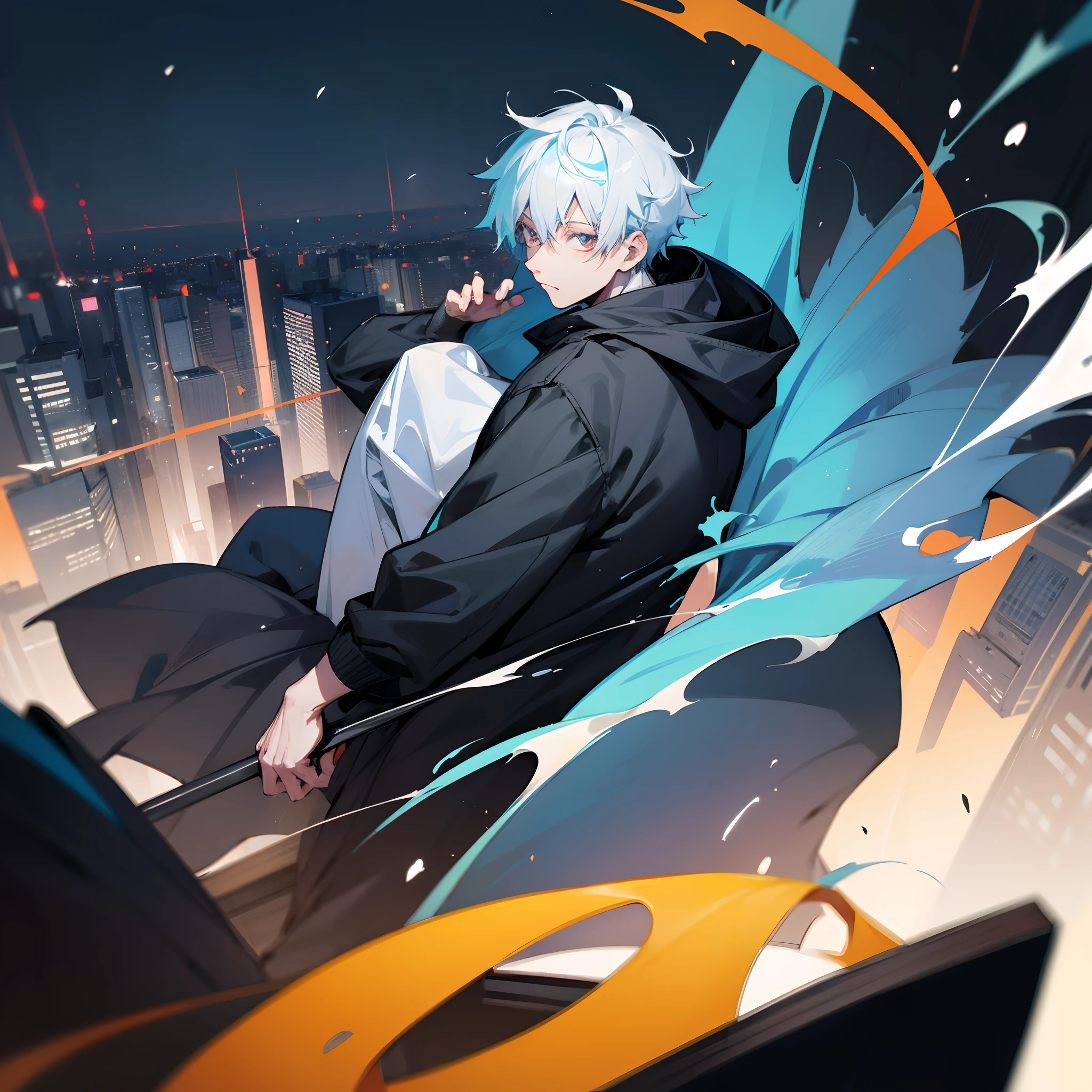Jujutsu Kaisen ,multicolored hair, blue hair , white hair , loose fitting black hoody jacket , city , 1male , medium length hair ,