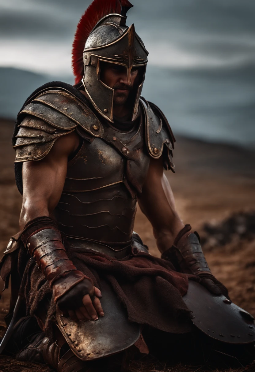 spartan warrior, dying , bloody armor, on battlefield, on his knees, epic, 8k