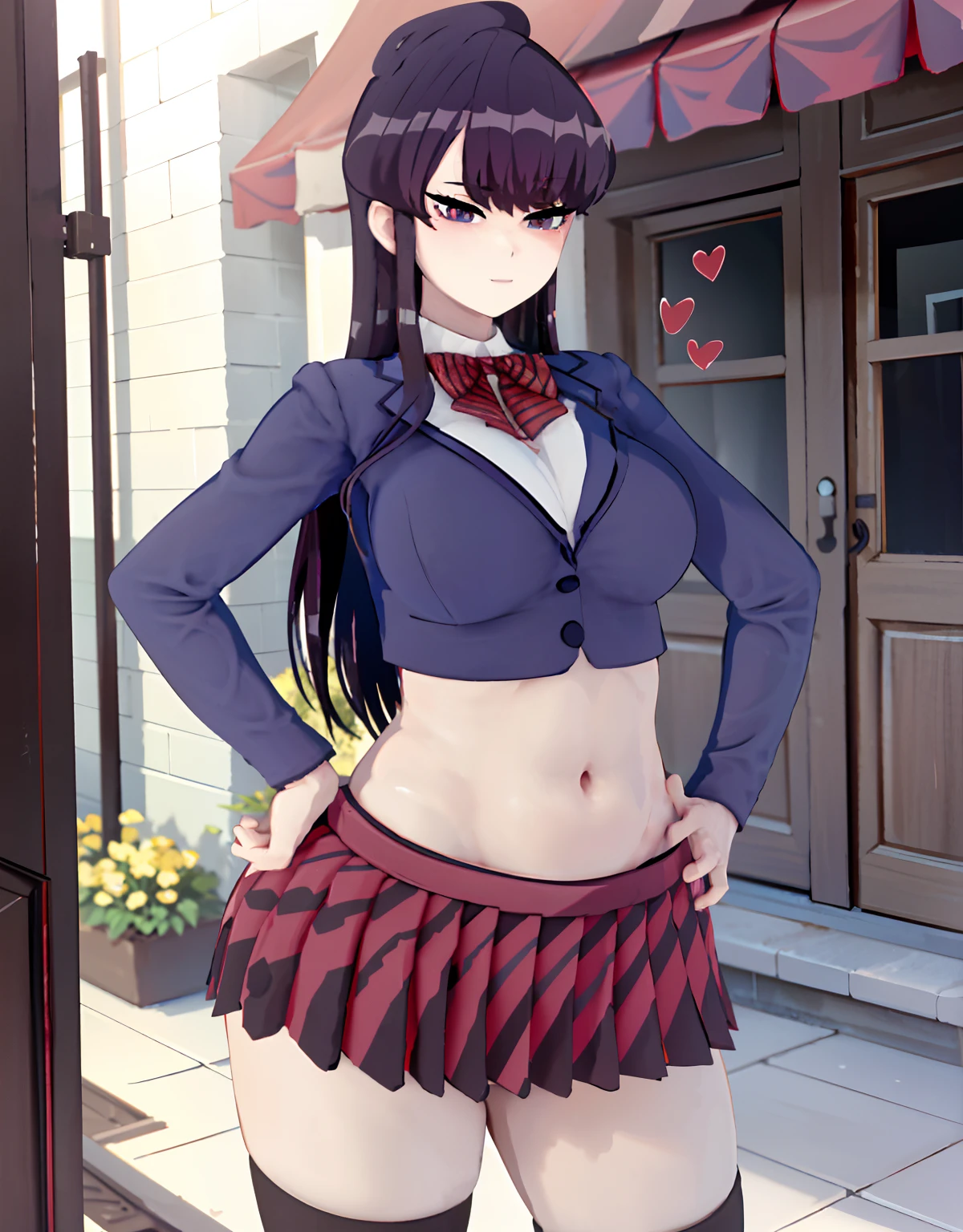 masterpiece, best quality, ultra detailed, art station, 1girl, romanticism, solo, detailed face, cute face, blush:1.2, (heart shaped pupil:1.3), seductive smile, wind swept hair, cute choker, black choker, bowtie, tight school uniform, mini school uniform, (cropped school unform), cleavage visible, showing off midriff, (showing off belly), abs, slightly muscular abs, accurate belly button, accurate lower belly, (slim waist), (wide hips), (panty strings), (thong strings), mini skirt, thick thighs, muscular thighs, thigh highs, looking at viewer, (dutch angle),facing the viewer, background in an alley in a garden, dappling sunlight, (vibrant colours:1.2), bright colours