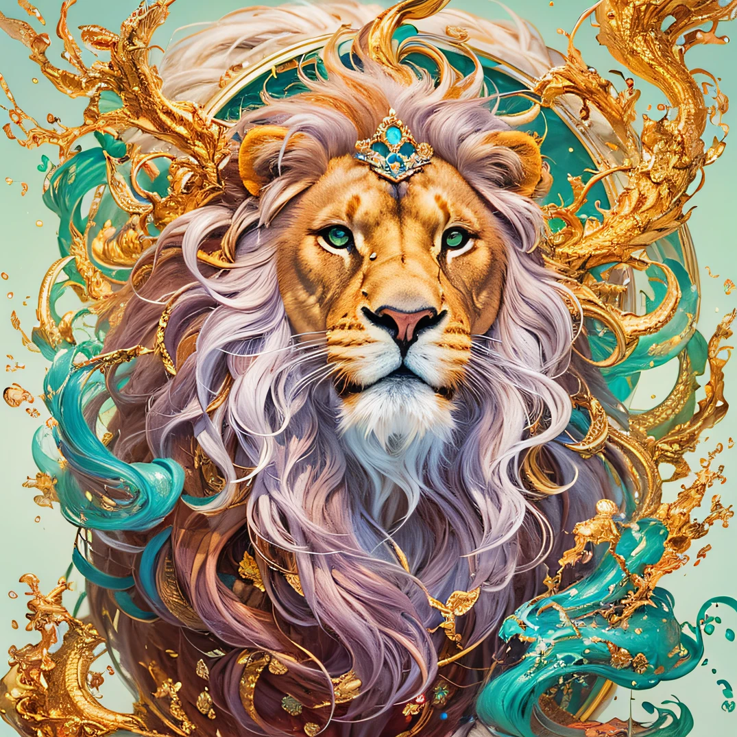 cyan colors,blue colors,enamel,agates,The world of lions,Blood Lion 32K(tmasterpiece,k hd,Aoyama Pond,hyper HD,32K)Long flowing bright orange hair,Moon pool,zydink, a color,Grumpy (Post-halo), (Linen scarf), The mist was thick, looking at the ground, long whitr hair, Floating bright orange, Fire cloud pattern gold tiara, Chinese long-sleeved gold silk burgundy garment, (Abstract metaverse splash:1.2), white backgrounid,Lion Protector(realisticlying:1.4),Bright purple hair,Smoke on the road,The background is pure, A high resolution, the detail, RAW photogr, Sharp Re, Nikon D850 Film Stock Photo by Jefferies Lee 4 Kodak Portra 400 Camera F1.6 shots, Rich colors, ultra-realistic vivid textures, Dramatic lighting, Unreal Engine Art Station Trend, cinestir 800,A lion with long flowing bright orange hair,Huge colorful bubbles,Awaken the lion
