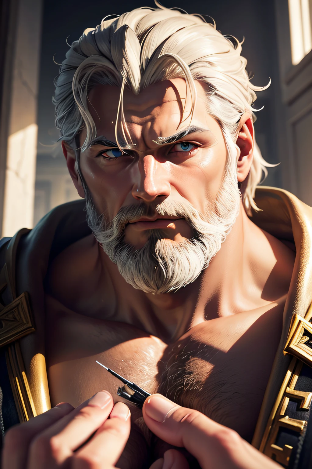 (best quality,4k,8k,Altas,master part:1.2),ultra-detalhado,(Realistic,fotorrealista,photo-realistic:1.37),homem alto e musculoso,barba curta,cabelos brancos,camisa preta apertada,serious look,corpo inteiro,foco nítido,vivid colors,HDR,studio lighting,Physically-based rendering,extreme detail description