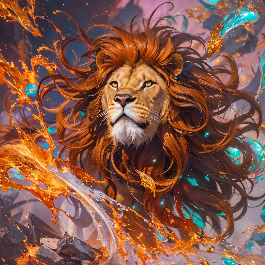 cyan colors,blue colors,enamel,agates,The world of lions,Blood Lion 32K(tmasterpiece,k hd,Aoyama Pond,hyper HD,32K)Long flowing bright orange hair,Moon pool,zydink, a color,Grumpy (Post-halo), (Linen scarf), The mist was thick, looking at the ground, long whitr hair, Floating bright orange, Fire cloud pattern gold tiara, Chinese long-sleeved gold silk burgundy garment, (Abstract metaverse splash:1.2), white backgrounid,Lion Protector(realisticlying:1.4),Bright purple hair,Smoke on the road,The background is pure, A high resolution, the detail, RAW photogr, Sharp Re, Nikon D850 Film Stock Photo by Jefferies Lee 4 Kodak Portra 400 Camera F1.6 shots, Rich colors, ultra-realistic vivid textures, Dramatic lighting, Unreal Engine Art Station Trend, cinestir 800,A lion with long flowing bright orange hair,Huge colorful bubbles,Awaken the lion