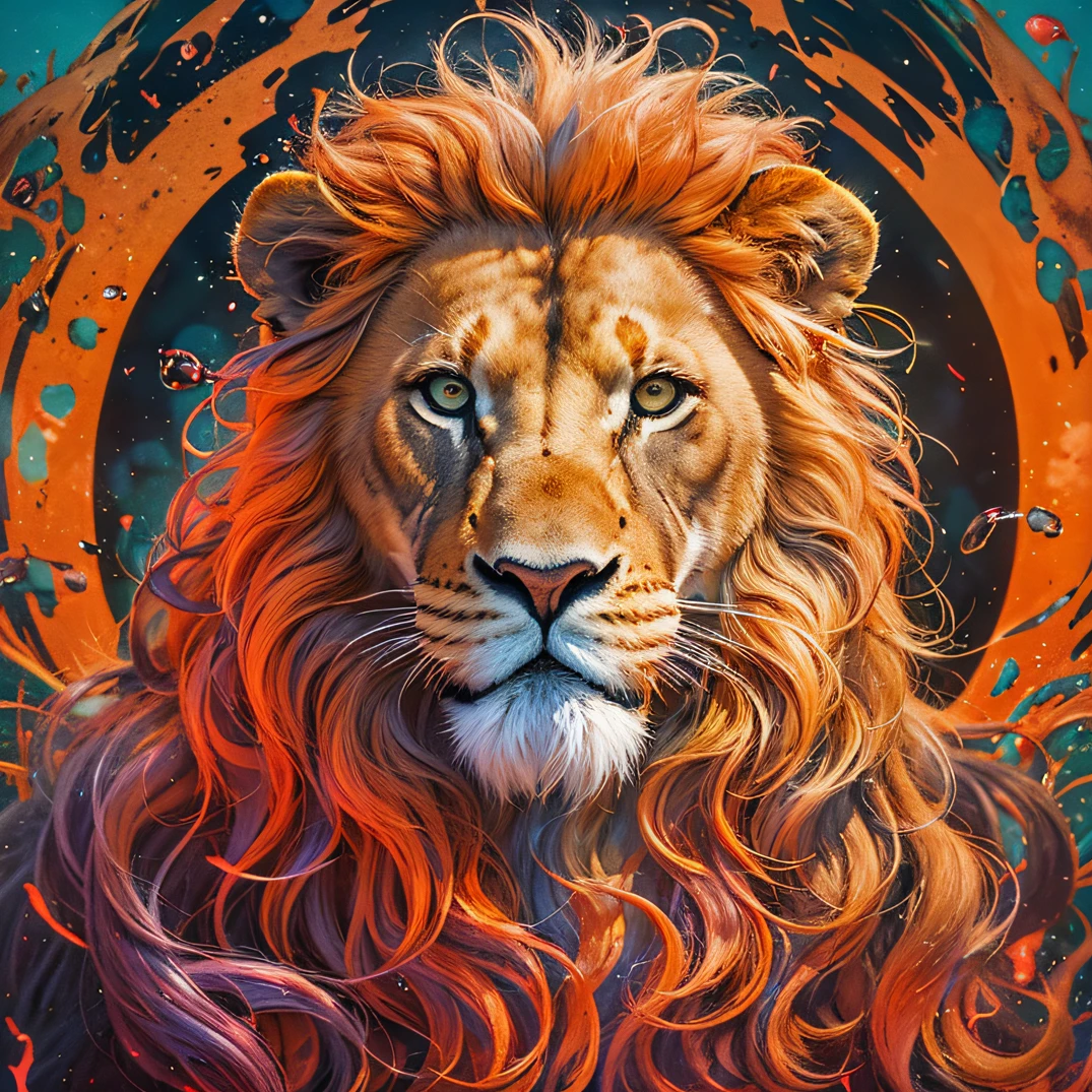 cyan colors,blue colors,enamel,agates,The world of lions,Blood Lion 32K(tmasterpiece,k hd,Aoyama Pond,hyper HD,32K)Long flowing bright orange hair,Moon pool,zydink, a color,Grumpy (Post-halo), (Linen scarf), The mist was thick, looking at the ground, long whitr hair, Floating bright orange, Fire cloud pattern gold tiara, Chinese long-sleeved gold silk burgundy garment, (Abstract metaverse splash:1.2), white backgrounid,Lion Protector(realisticlying:1.4),Bright purple hair,Smoke on the road,The background is pure, A high resolution, the detail, RAW photogr, Sharp Re, Nikon D850 Film Stock Photo by Jefferies Lee 4 Kodak Portra 400 Camera F1.6 shots, Rich colors, ultra-realistic vivid textures, Dramatic lighting, Unreal Engine Art Station Trend, cinestir 800,A lion with long flowing bright orange hair,Huge colorful bubbles,Awaken the lion