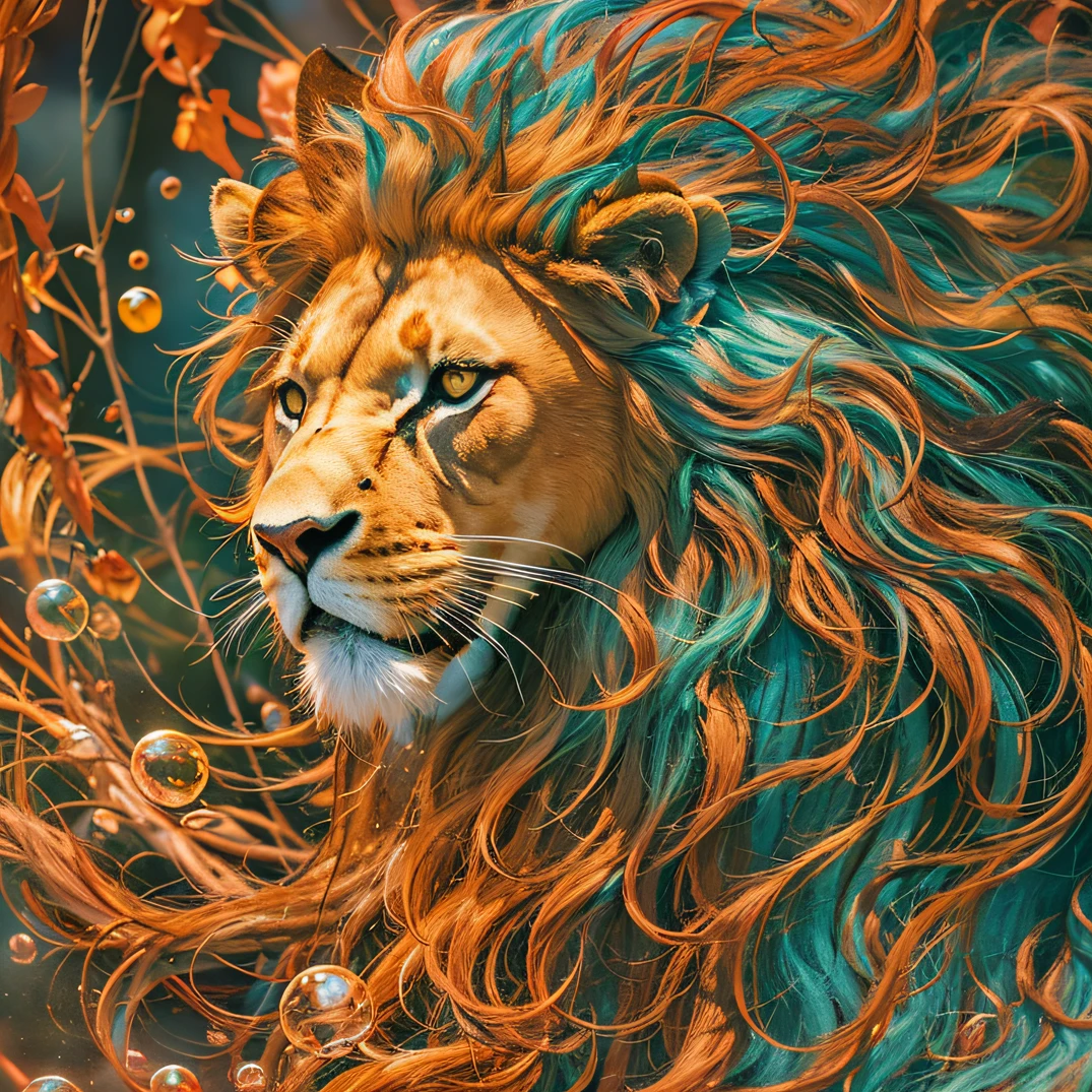 cyan colors,blue colors,enamel,agates,The world of lions,Blood Lion 32K(tmasterpiece,k hd,Aoyama Pond,hyper HD,32K)Long flowing bright orange hair,Moon pool,zydink, a color,Grumpy (Post-halo), (Linen scarf), The mist was thick, looking at the ground, long whitr hair, Floating bright orange, Fire cloud pattern gold tiara, Chinese long-sleeved gold silk burgundy garment, (Abstract metaverse splash:1.2), white backgrounid,Lion Protector(realisticlying:1.4),Bright purple hair,Smoke on the road,The background is pure, A high resolution, the detail, RAW photogr, Sharp Re, Nikon D850 Film Stock Photo by Jefferies Lee 4 Kodak Portra 400 Camera F1.6 shots, Rich colors, ultra-realistic vivid textures, Dramatic lighting, Unreal Engine Art Station Trend, cinestir 800,A lion with long flowing bright orange hair,Huge colorful bubbles,Awaken the lion