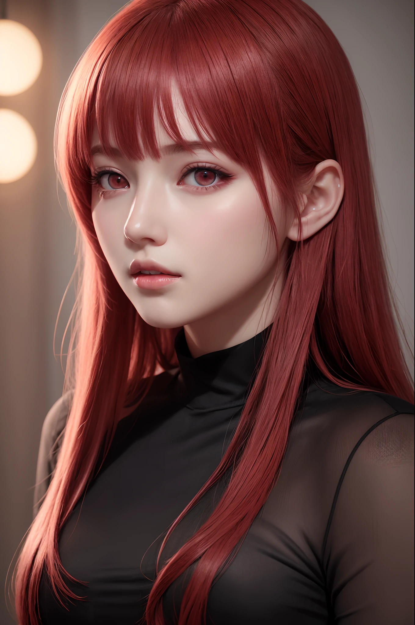 1girl in, star eye, blush, Perfect Illumination, Red hair, Red Eyes, Unreal Engine, side lights, Detailed face, Bangs, bright skin,  background, Dark background,