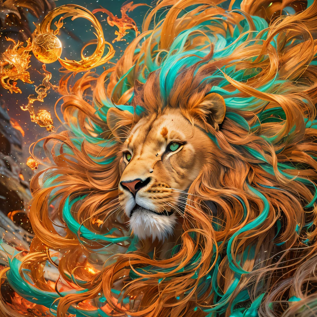 cyan colors,blue colors,enamel,agates,The world of lions,Blood Lion 32K(tmasterpiece,k hd,Aoyama Pond,hyper HD,32K)Long flowing bright orange hair,Moon pool,zydink, a color,Grumpy (Post-halo), (Linen scarf), The mist was thick, looking at the ground, long whitr hair, Floating bright orange, Fire cloud pattern gold tiara, Chinese long-sleeved gold silk burgundy garment, (Abstract metaverse splash:1.2), white backgrounid,Lion Protector(realisticlying:1.4),Bright purple hair,Smoke on the road,The background is pure, A high resolution, the detail, RAW photogr, Sharp Re, Nikon D850 Film Stock Photo by Jefferies Lee 4 Kodak Portra 400 Camera F1.6 shots, Rich colors, ultra-realistic vivid textures, Dramatic lighting, Unreal Engine Art Station Trend, cinestir 800,A lion with long flowing bright orange hair,Huge colorful bubbles,Awaken the lion