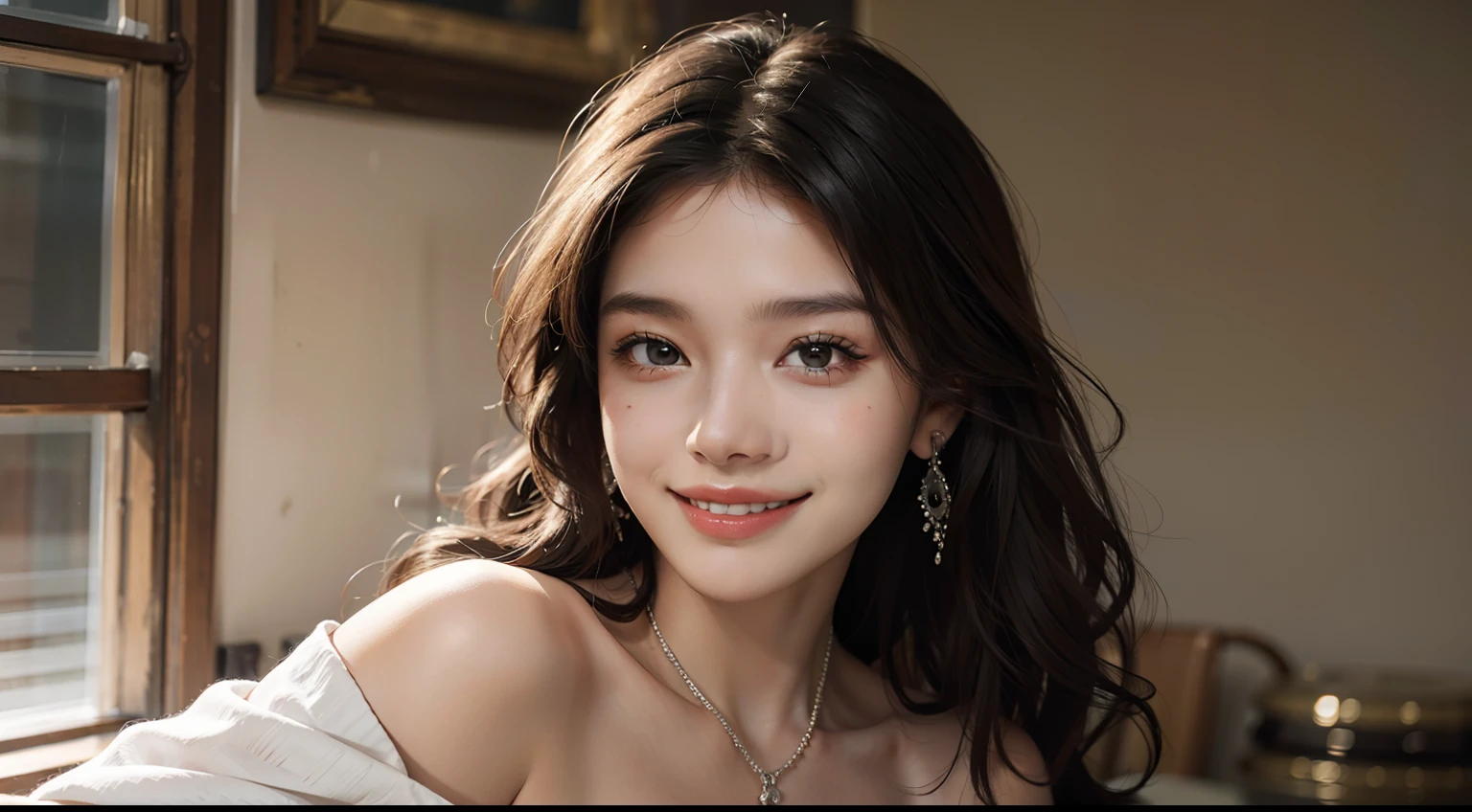 best quality, masterpiece, ultra high res, photorealistic, 1girl, offshoulder, smile