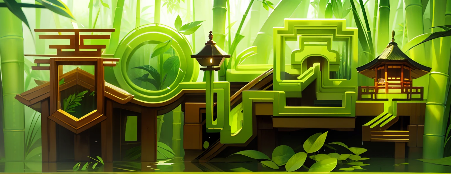 bamboo forrest、It was raining in the bamboo forest、bamboos、Bamboo leaves fall everywhere、Beautiful artistic conception、precipice、Green、Clearly visible small fish、China-style、Chinese characteristics、Spring view,𝓡𝓸𝓶𝓪𝓷𝓽𝓲𝓬,Soft light,8K,Epic details